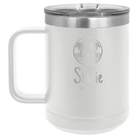 Personalized white 15 oz vacuum insulated coffee mug with 'Vacation with two Palm Trees' design