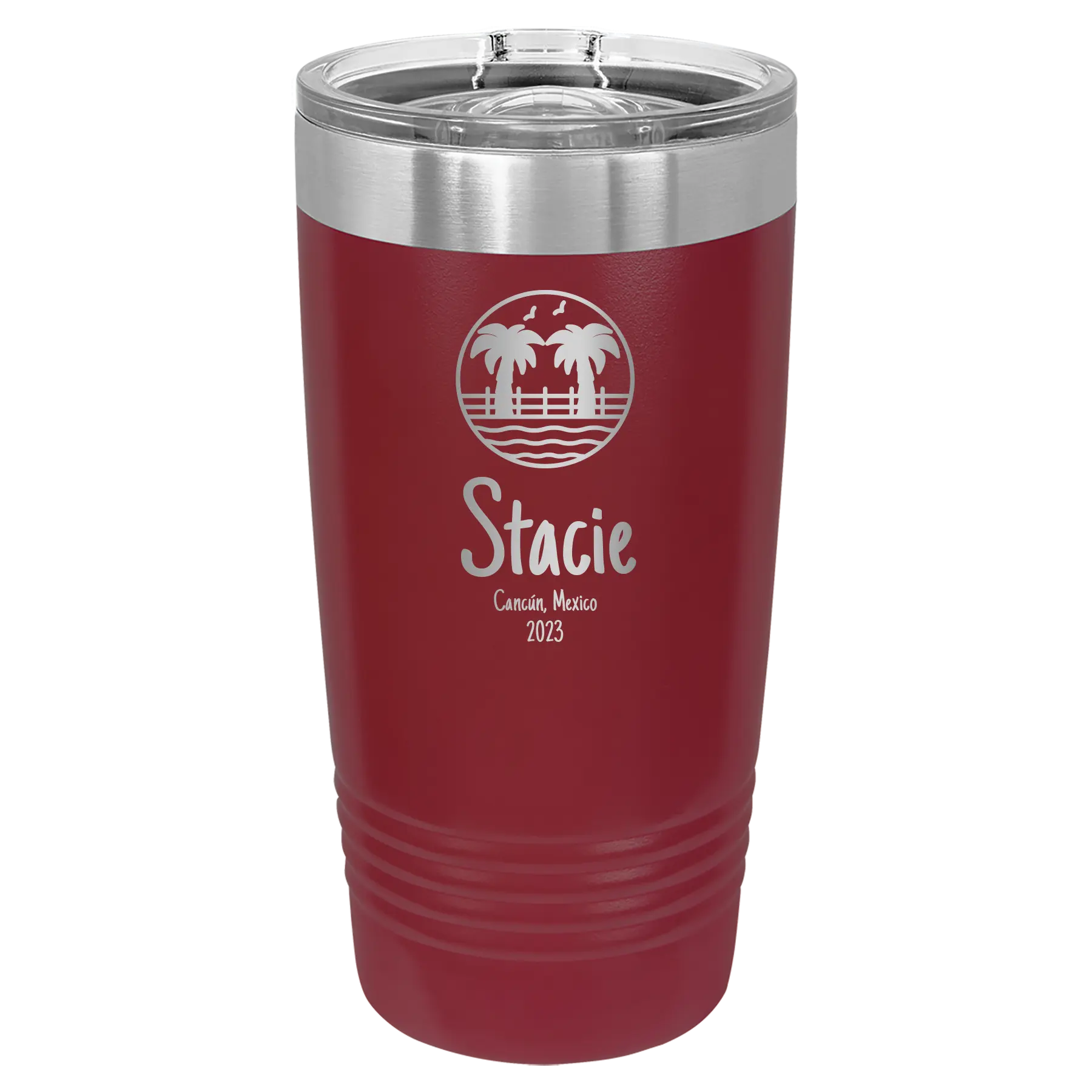 Personalized maroon 20 oz vacuum insulated tumbler with 'Vacation with two Palm Trees' design