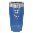 Personalized royal blue 20 oz vacuum insulated tumbler with 'Vacation with two Palm Trees' design