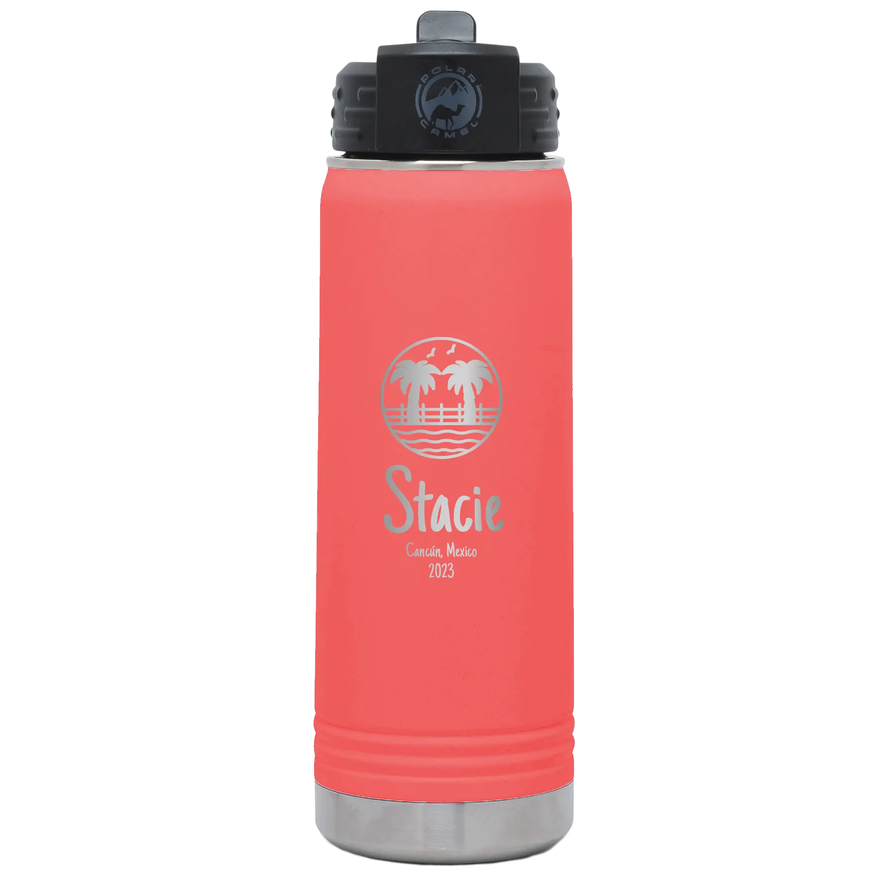 Personalized coral 20 oz vacuum insulated water bottle with 'Vacation with two Palm Trees' design