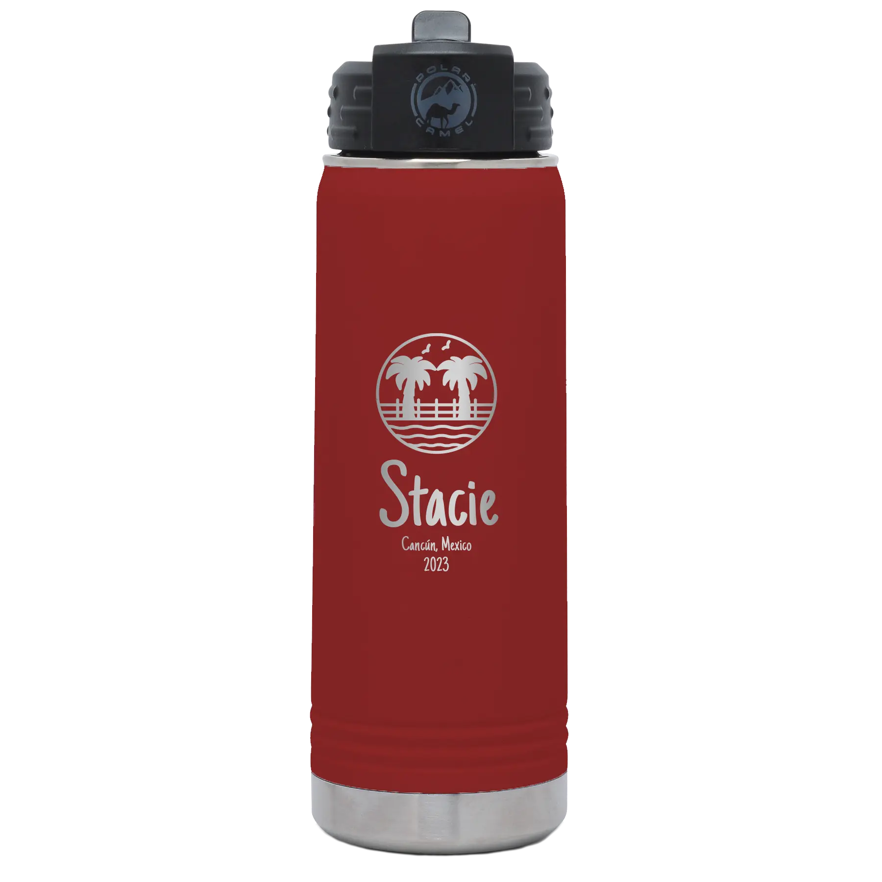Personalized maroon 20 oz vacuum insulated water bottle with 'Vacation with two Palm Trees' design