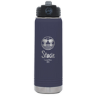 Personalized navy 20 oz vacuum insulated water bottle with 'Vacation with two Palm Trees' design