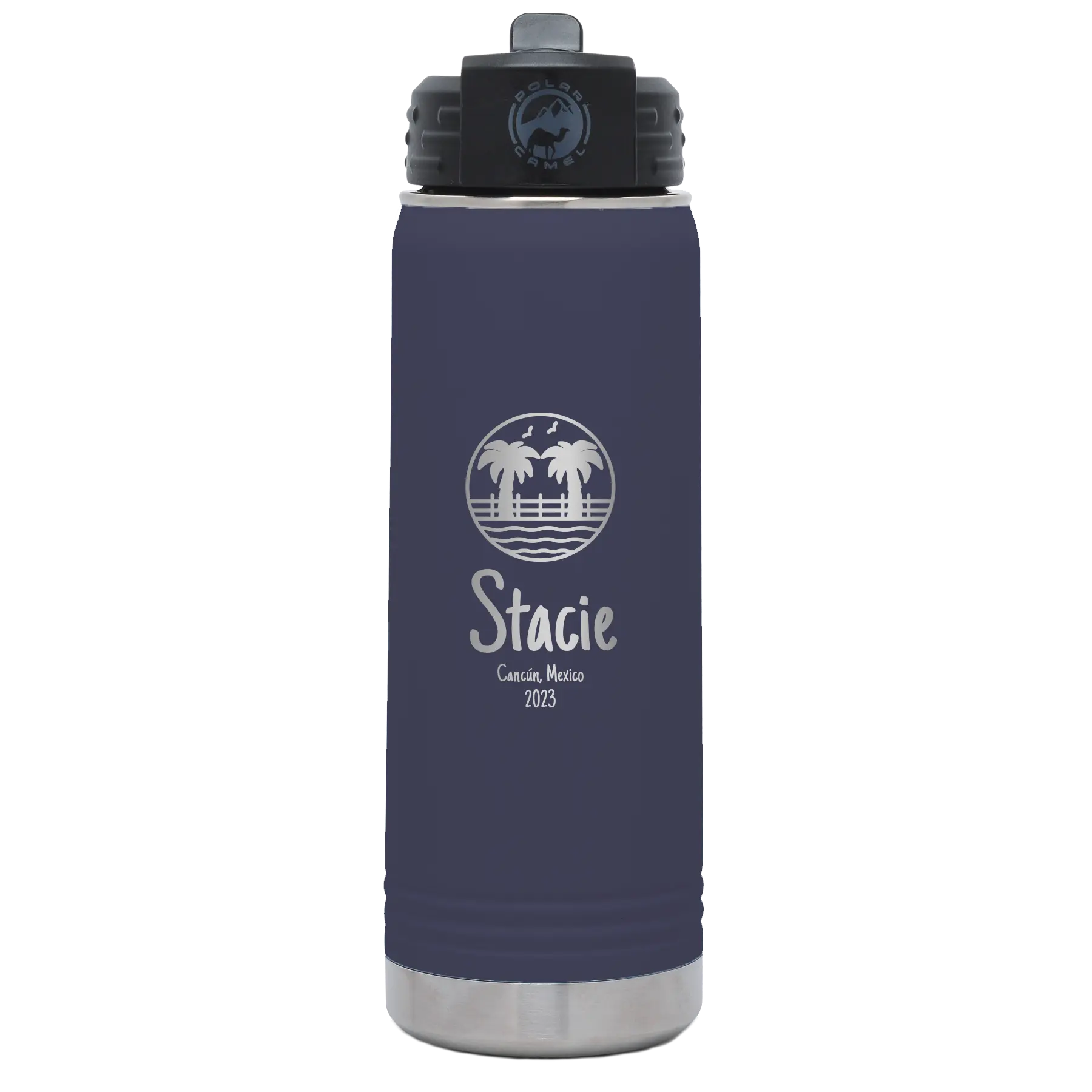 Personalized navy 20 oz vacuum insulated water bottle with 'Vacation with two Palm Trees' design