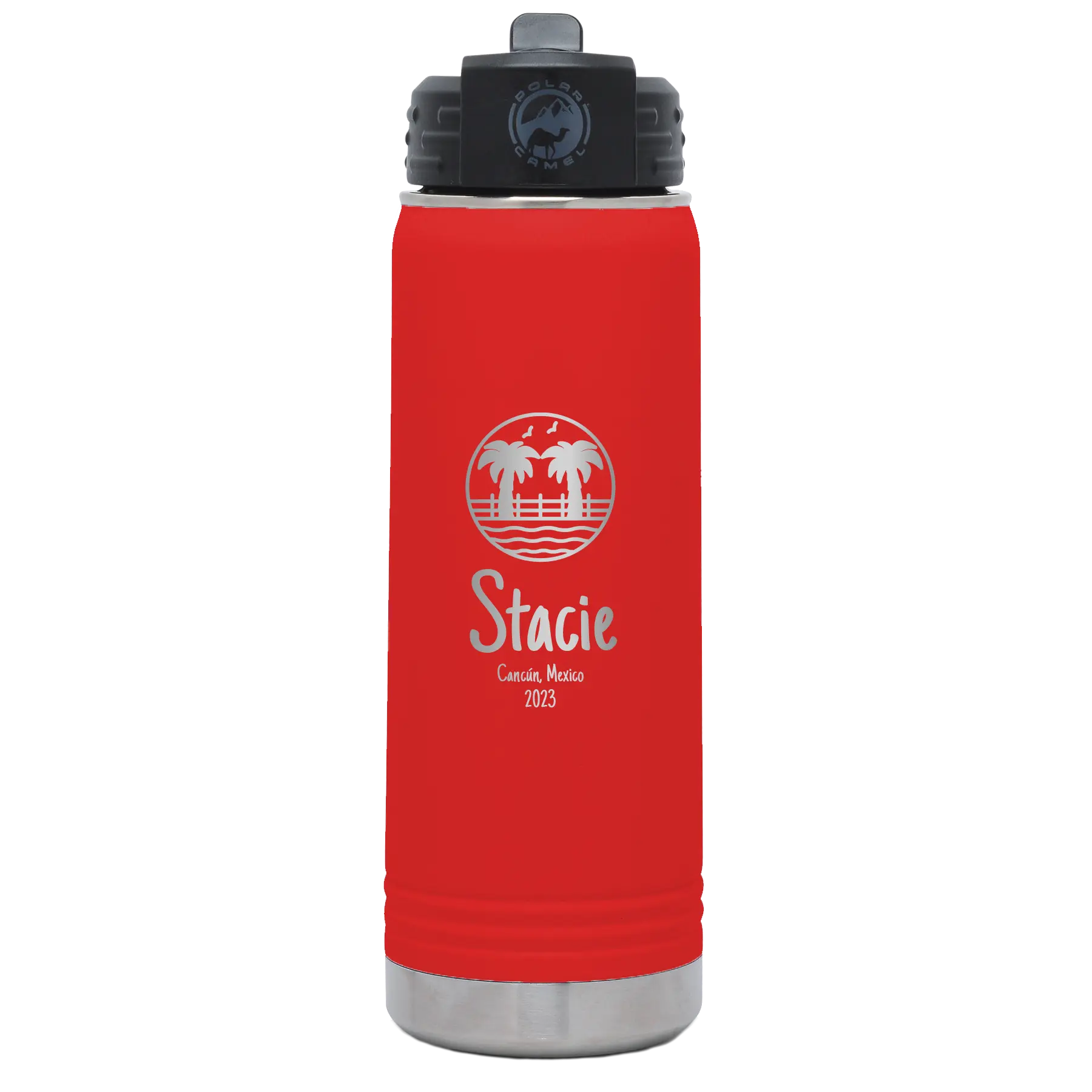 Personalized red 20 oz vacuum insulated water bottle with 'Vacation with two Palm Trees' design