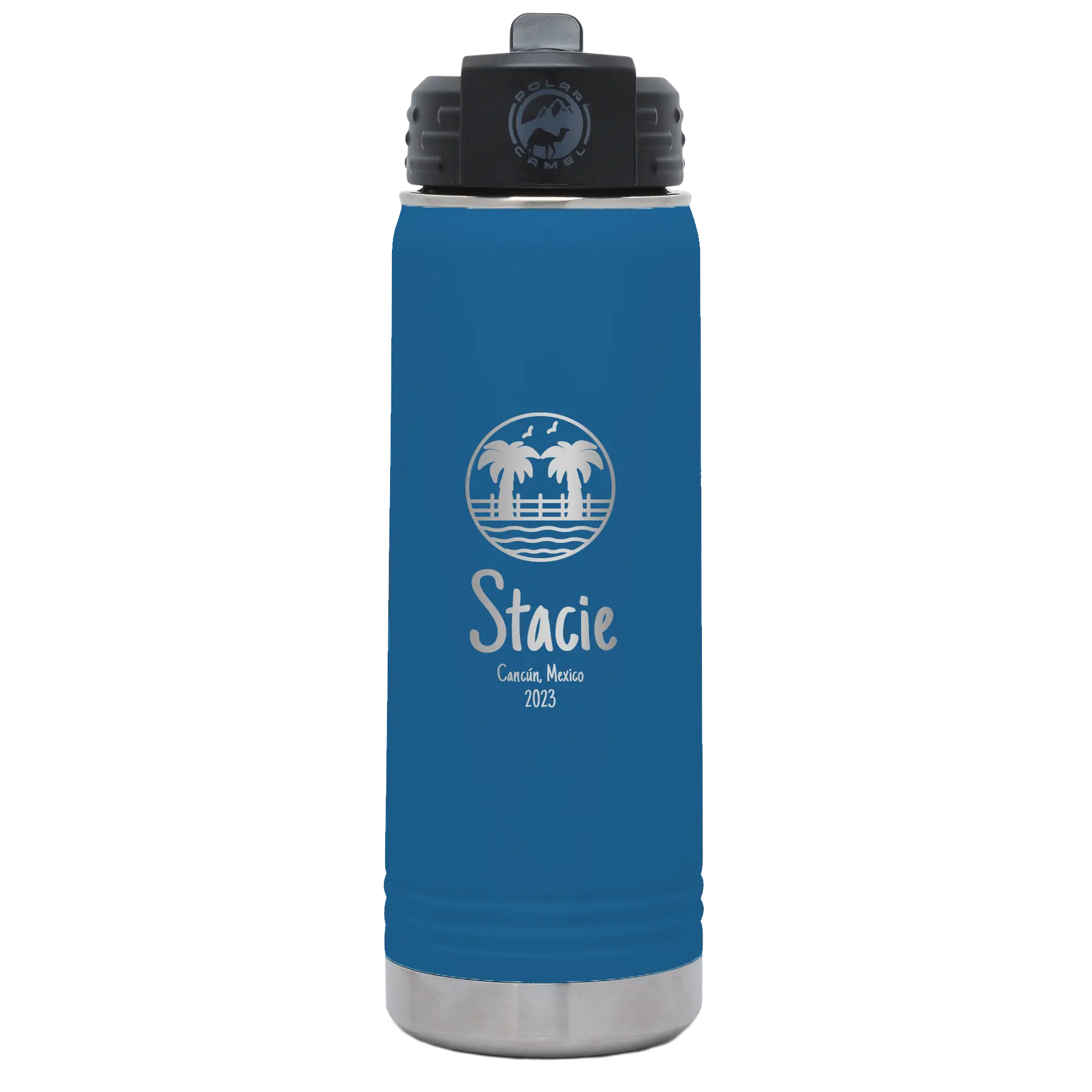 Personalized royal blue 20 oz vacuum insulated water bottle with 'Vacation with two Palm Trees' design