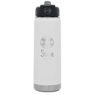 Personalized white 20 oz vacuum insulated water bottle with 'Vacation with two Palm Trees' design