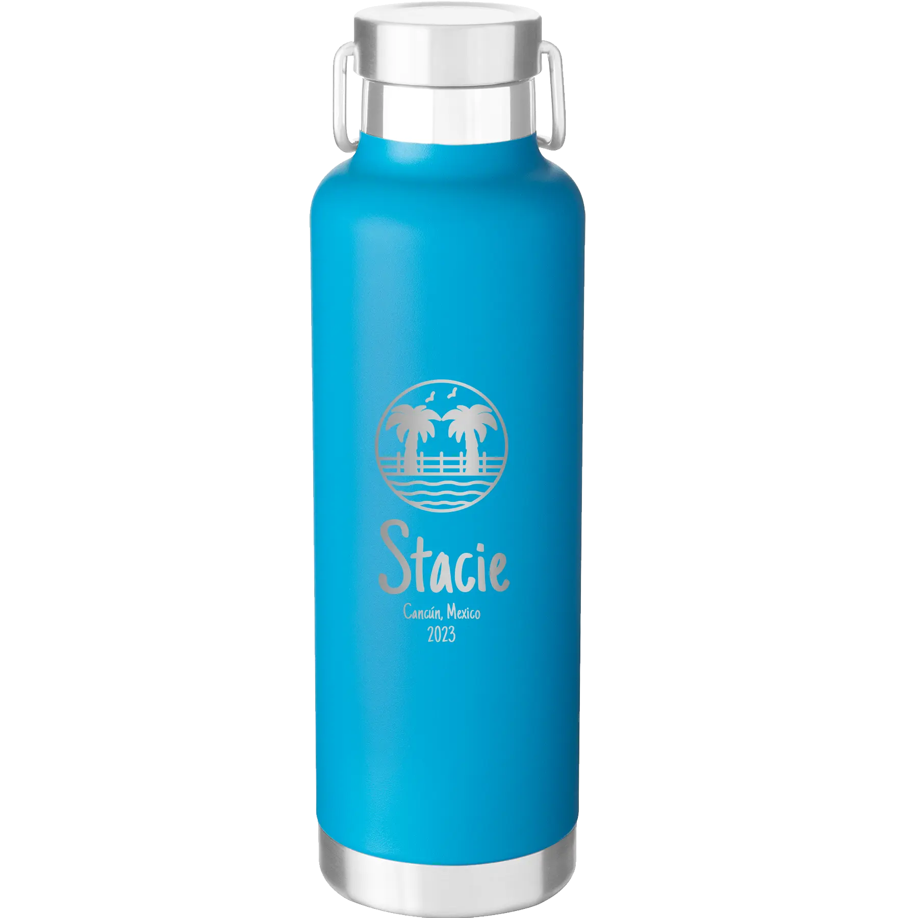 Personalized aqua 24 oz vacuum insulated water bottle with 'Vacation with two Palm Trees' design