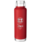 Personalized red 24 oz vacuum insulated water bottle with 'Vacation with two Palm Trees' design