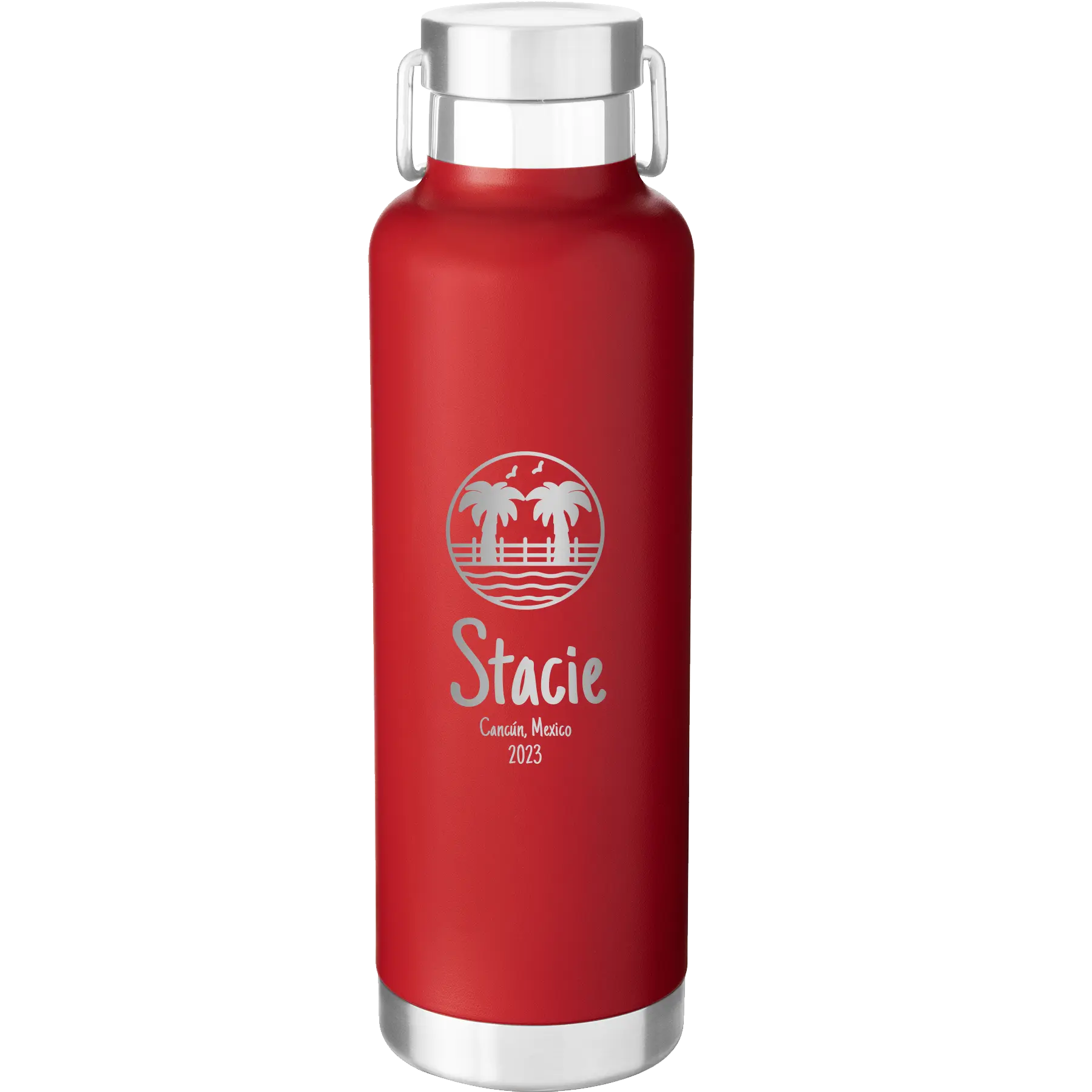 Personalized red 24 oz vacuum insulated water bottle with 'Vacation with two Palm Trees' design