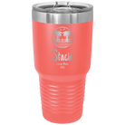 Personalized coral 30 oz vacuum insulated tumbler with 'Vacation with two Palm Trees' design