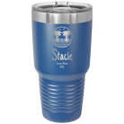 Personalized royal blue 30 oz vacuum insulated tumbler with 'Vacation with two Palm Trees' design
