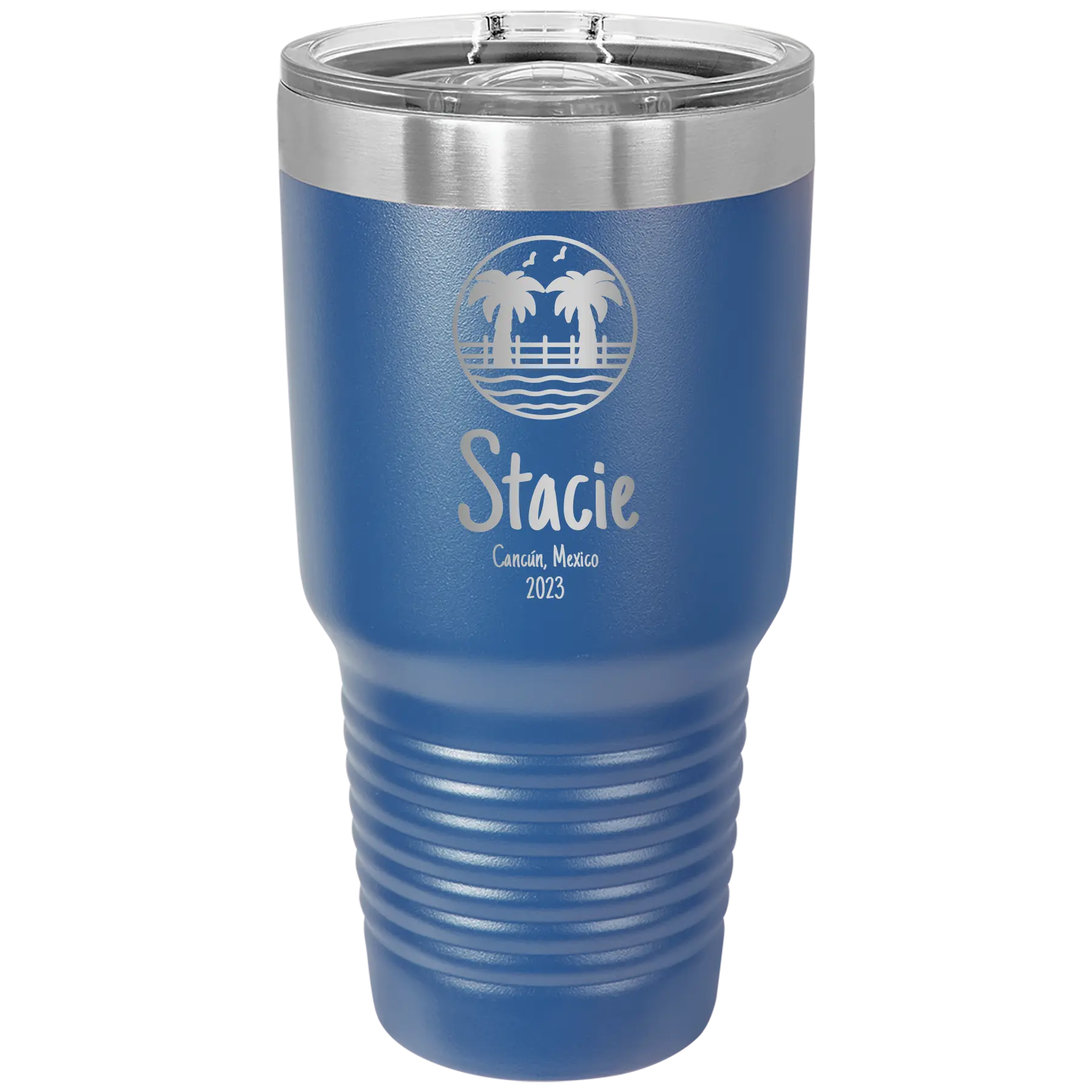Personalized royal blue 30 oz vacuum insulated tumbler with 'Vacation with two Palm Trees' design