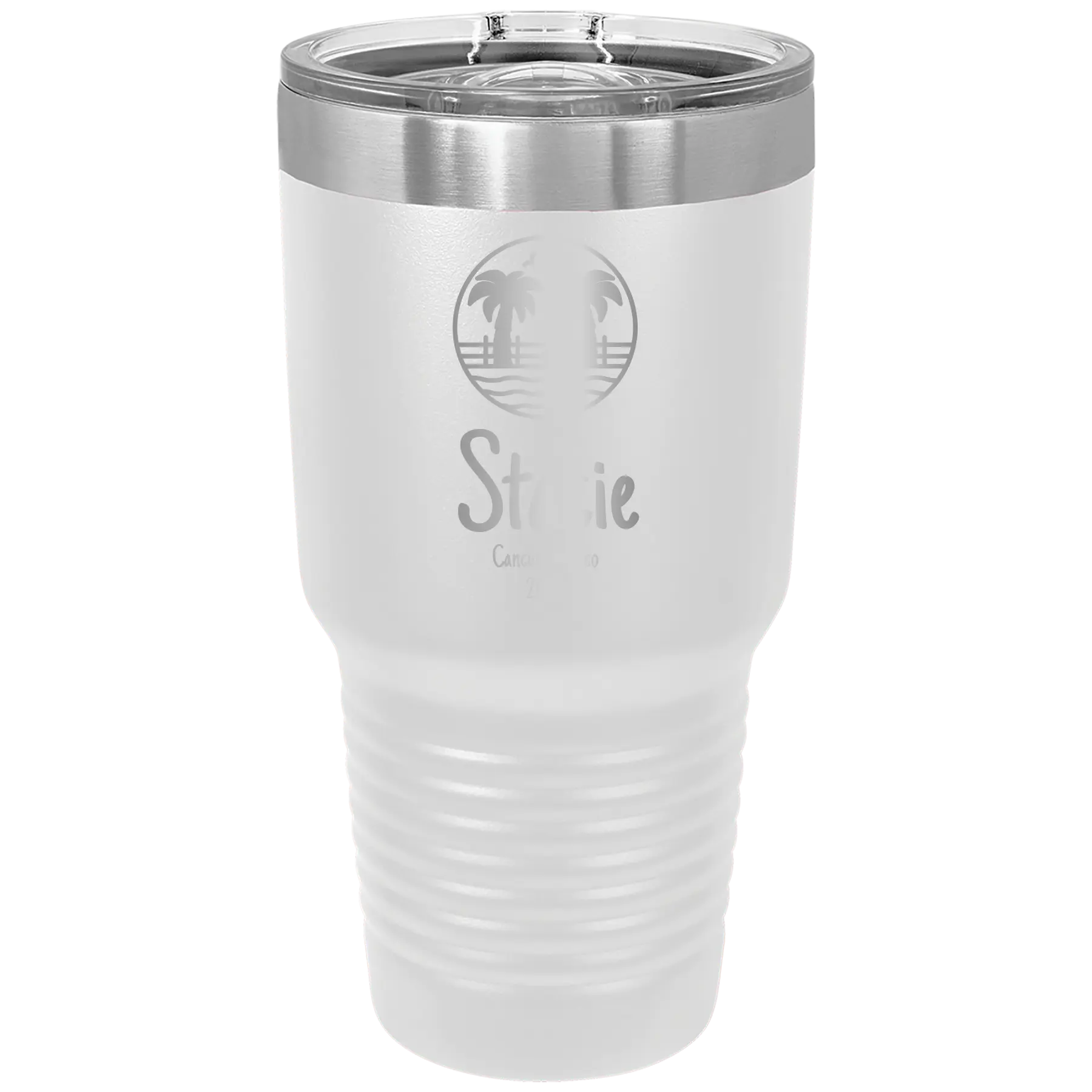 Personalized white 30 oz vacuum insulated tumbler with 'Vacation with two Palm Trees' design