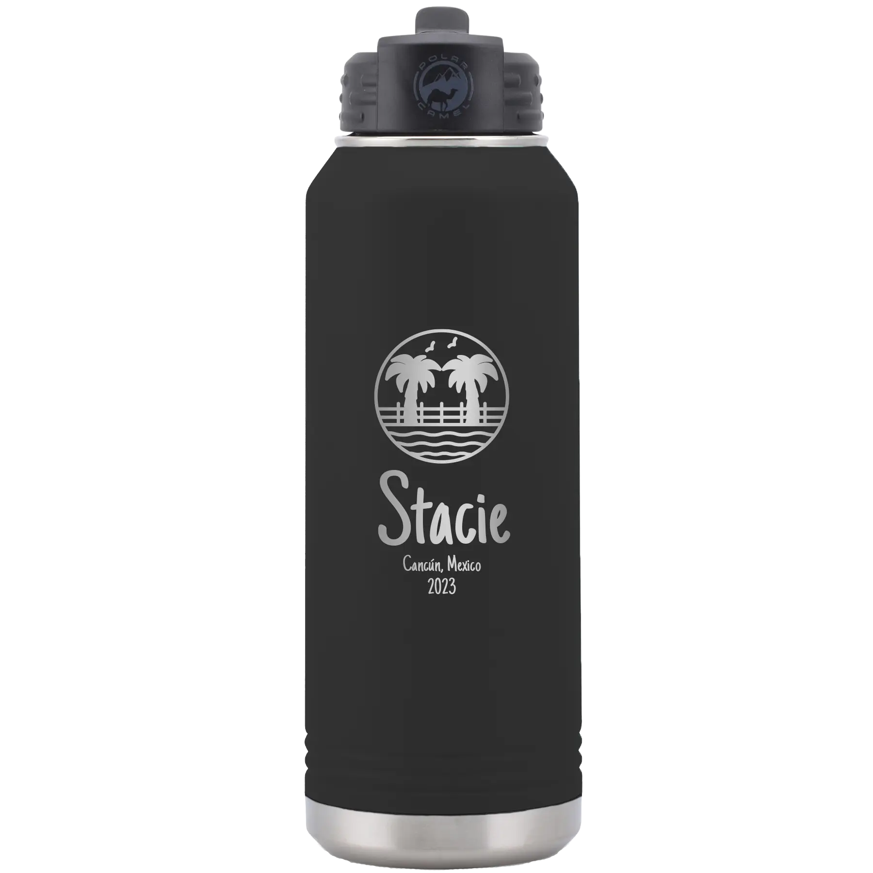 Personalized black 32 oz vacuum insulated water bottle with 'Vacation with two Palm Trees' design