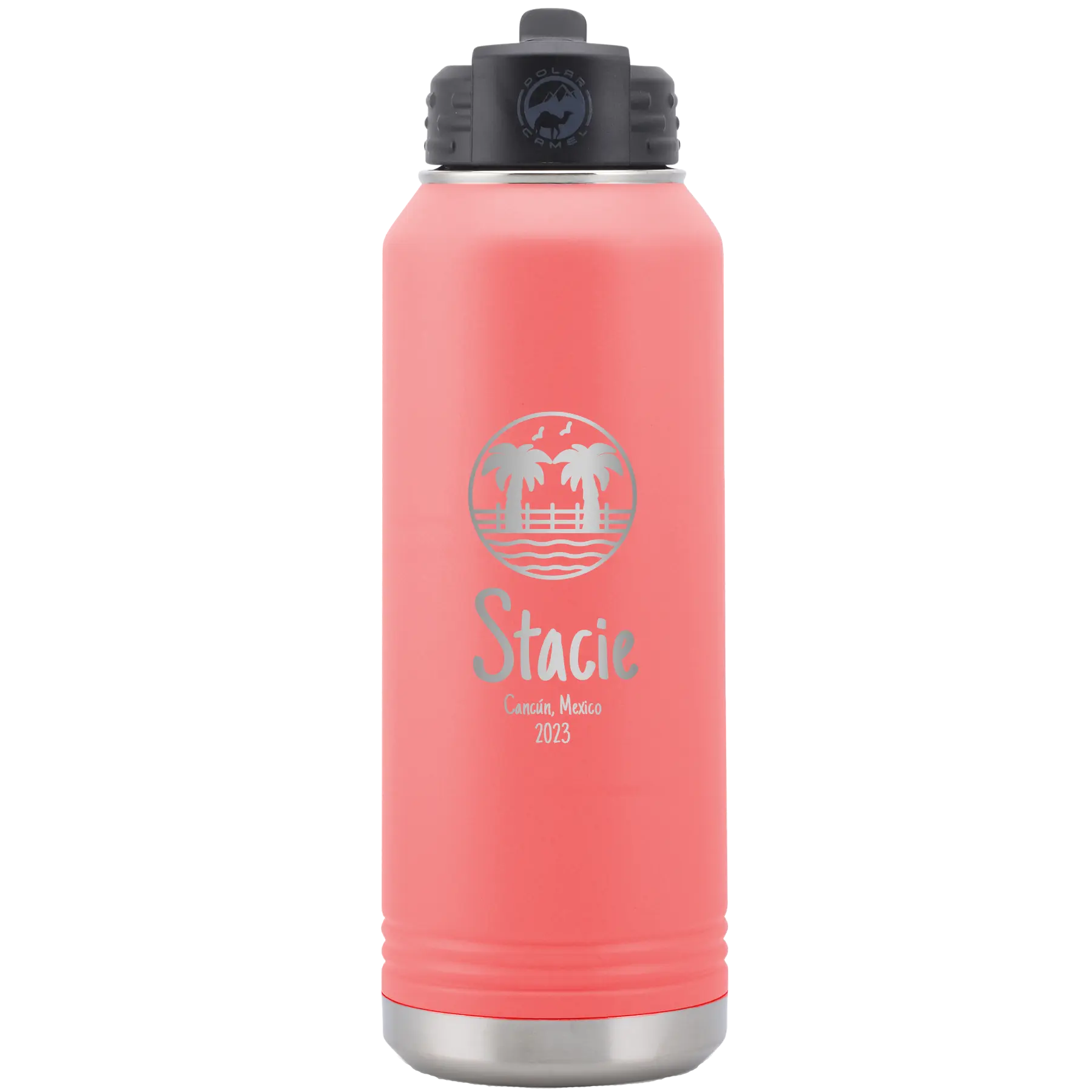 Personalized coral 32 oz vacuum insulated water bottle with 'Vacation with two Palm Trees' design