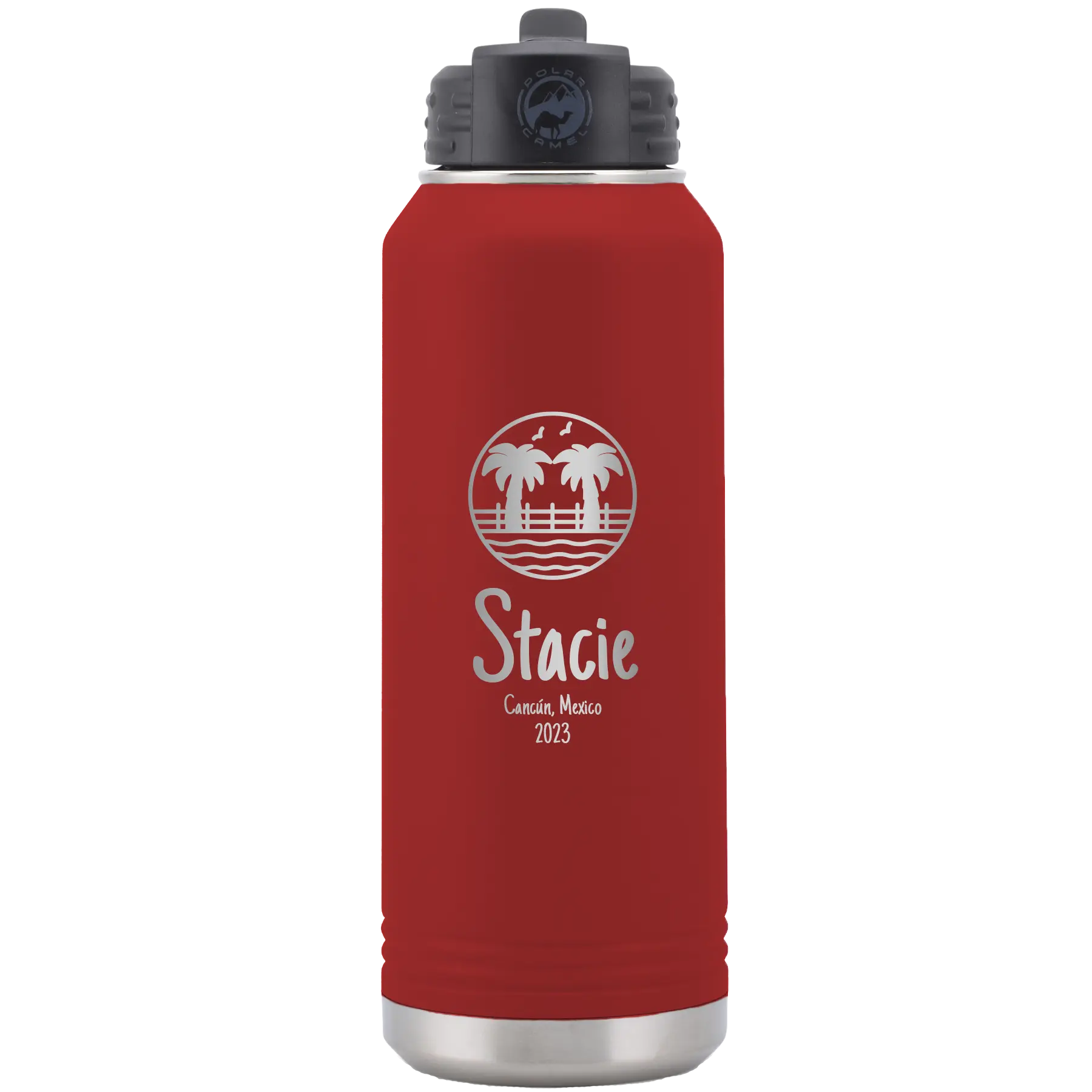 Personalized maroon 32 oz vacuum insulated water bottle with 'Vacation with two Palm Trees' design