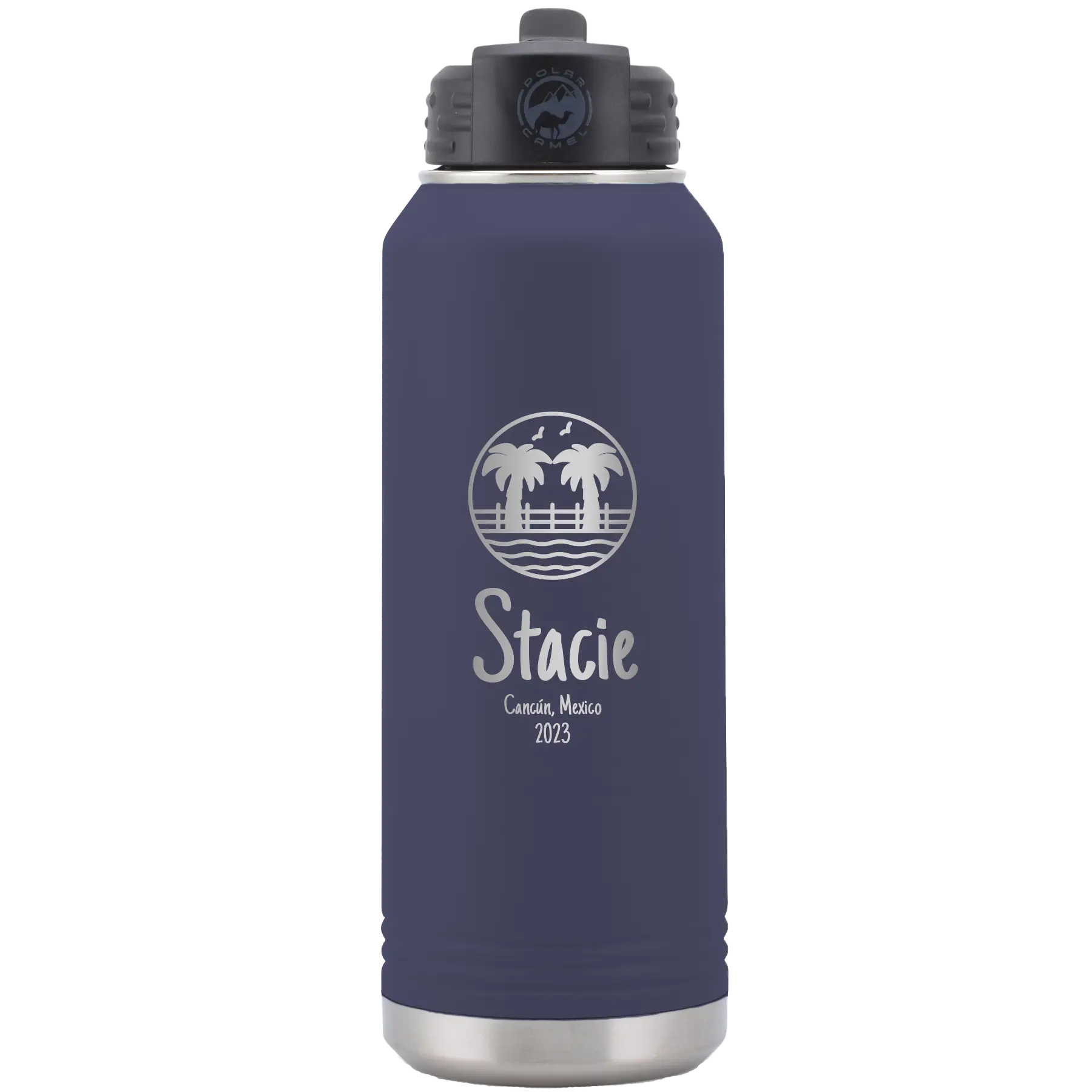 Personalized navy 32 oz vacuum insulated water bottle with 'Vacation with two Palm Trees' design