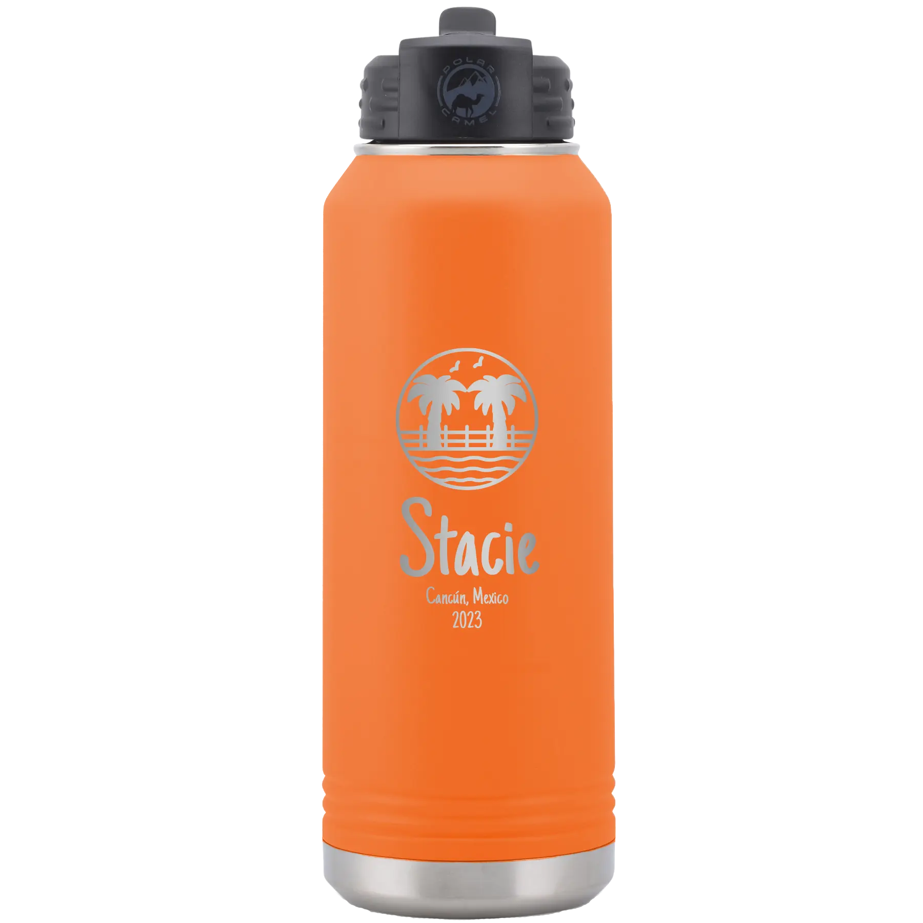 Personalized orange 32 oz vacuum insulated water bottle with 'Vacation with two Palm Trees' design
