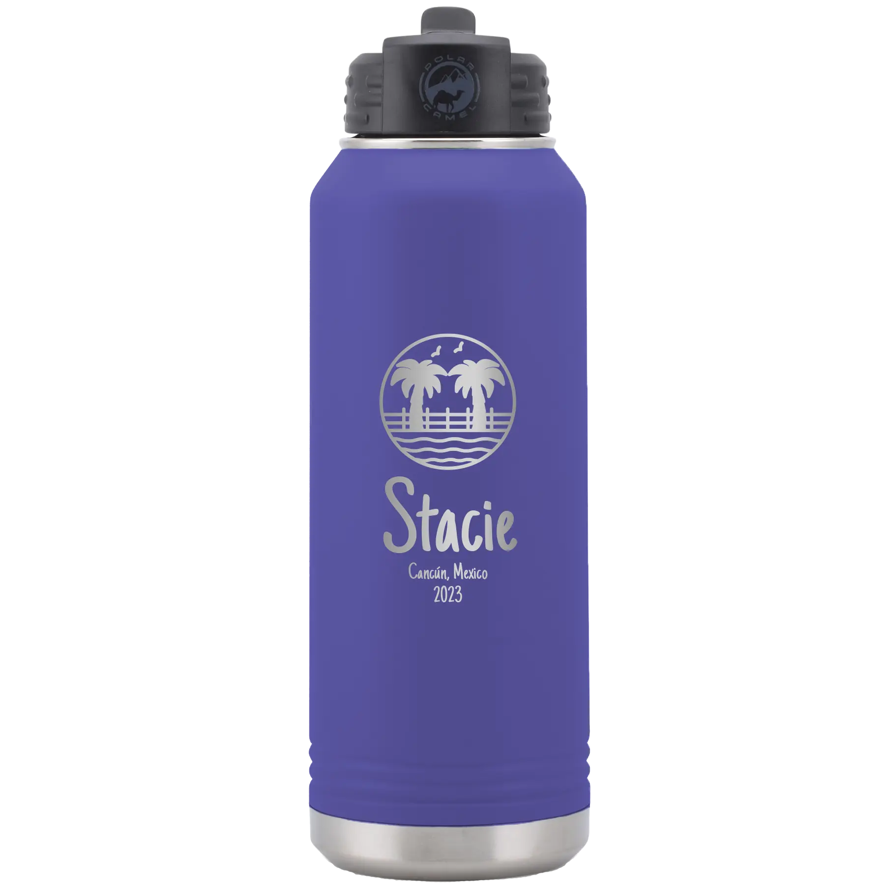 Personalized purple 32 oz vacuum insulated water bottle with 'Vacation with two Palm Trees' design