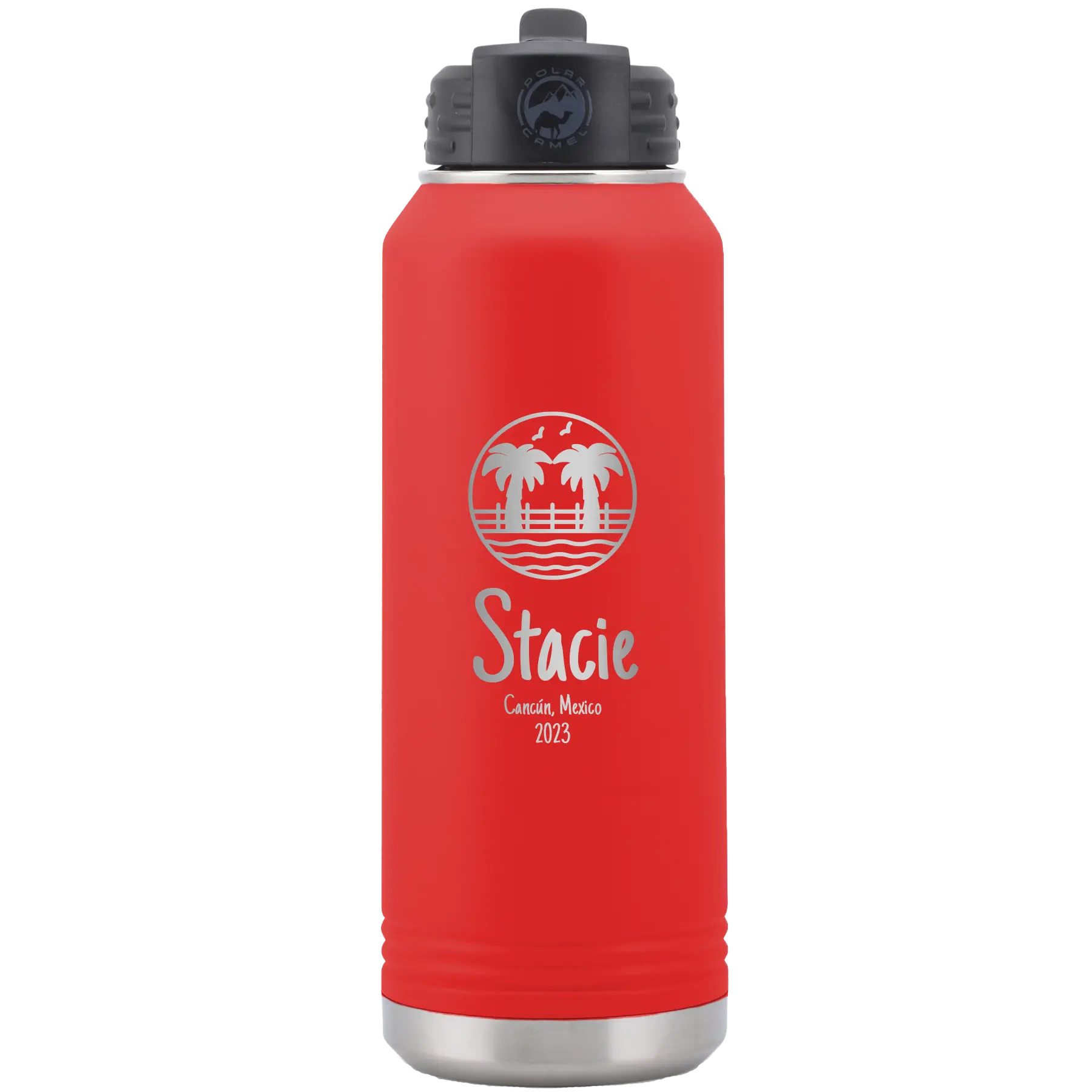Personalized red 32 oz vacuum insulated water bottle with 'Vacation with two Palm Trees' design