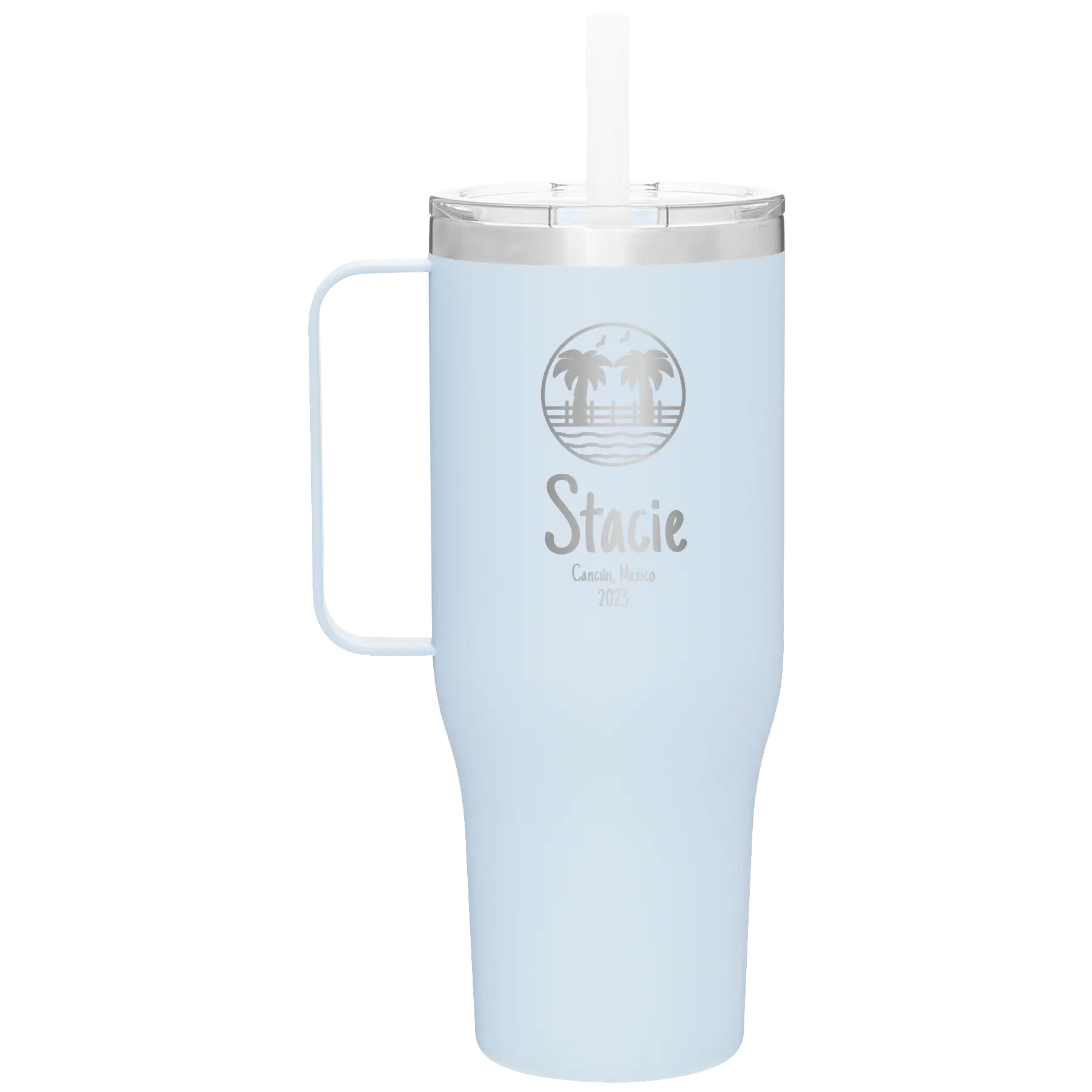 Personalized landfall 40 oz vacuum insulated tumbler mug with 'Vacation with two Palm Trees' design
