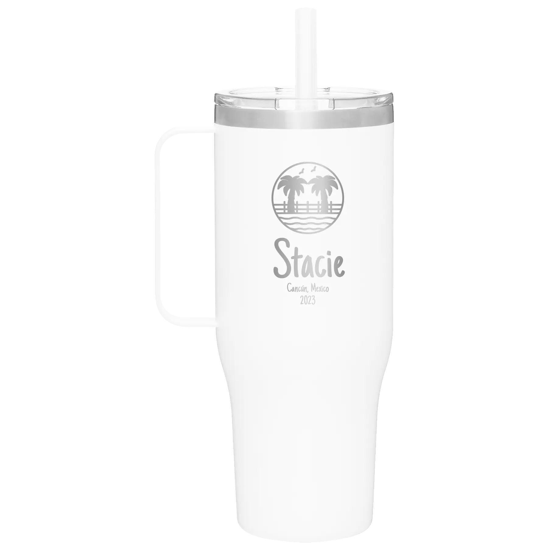 Personalized white 40 oz vacuum insulated tumbler mug with 'Vacation with two Palm Trees' design