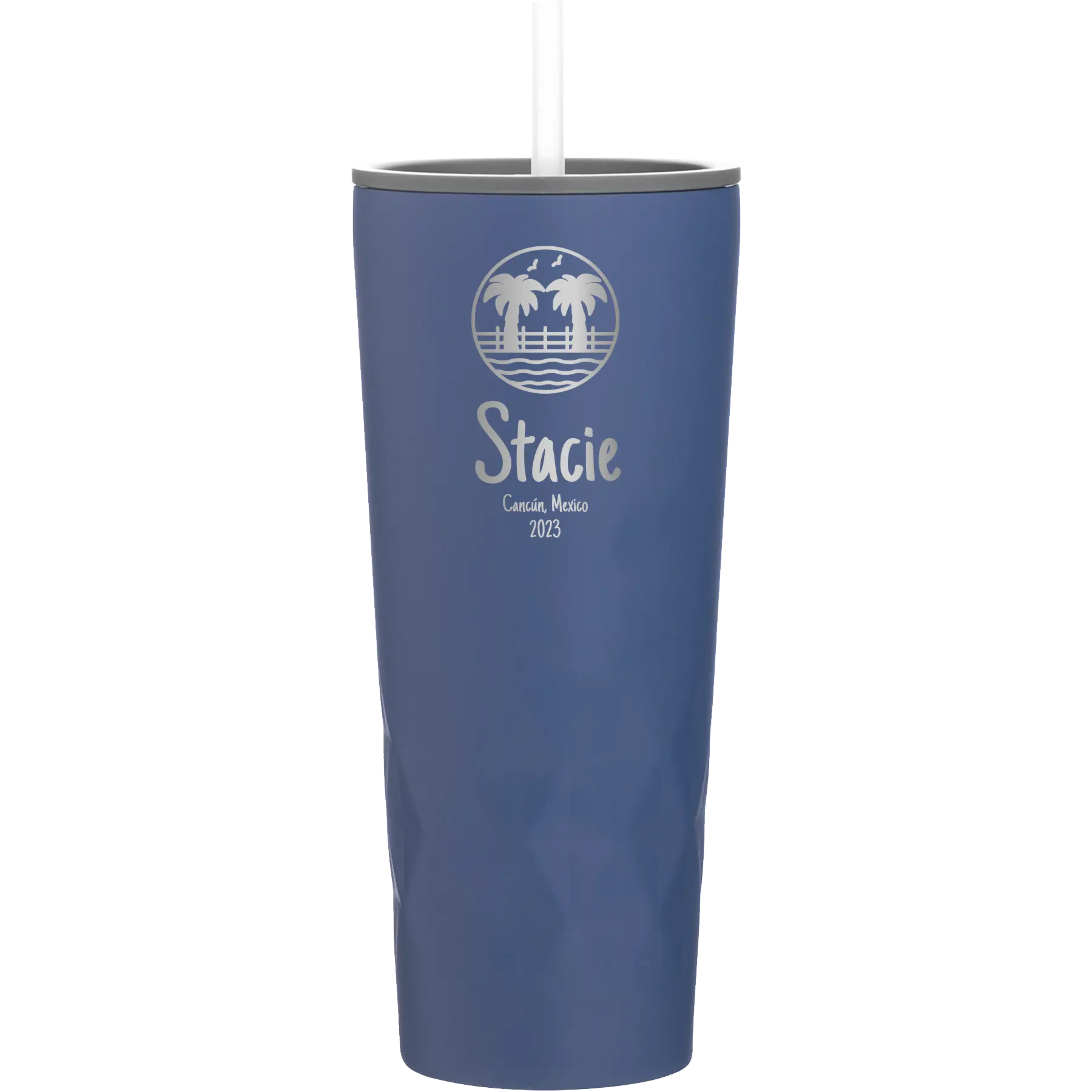 Personalized constellation 20 oz vacuum insulated tumbler with 'Vacation with two Palm Trees' design