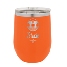 Personalized orange 12 oz vacuum insulated wine cup with 'Vacation with two Palm Trees' design