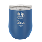 Personalized royal blue 12 oz vacuum insulated wine cup with 'Vacation with two Palm Trees' design