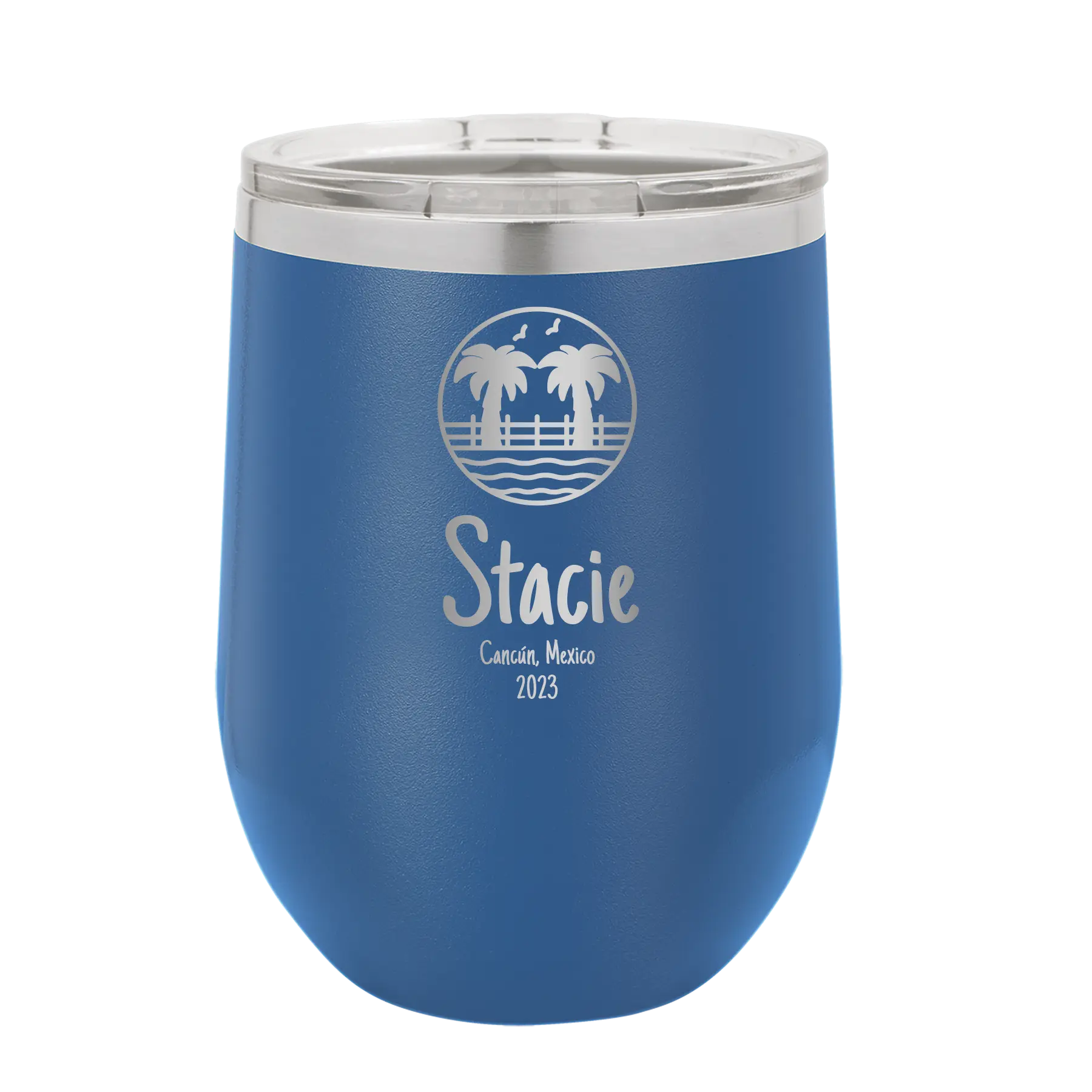 Personalized royal blue 12 oz vacuum insulated wine cup with 'Vacation with two Palm Trees' design