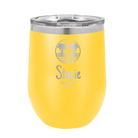 Personalized yellow 12 oz vacuum insulated wine cup with 'Vacation with two Palm Trees' design