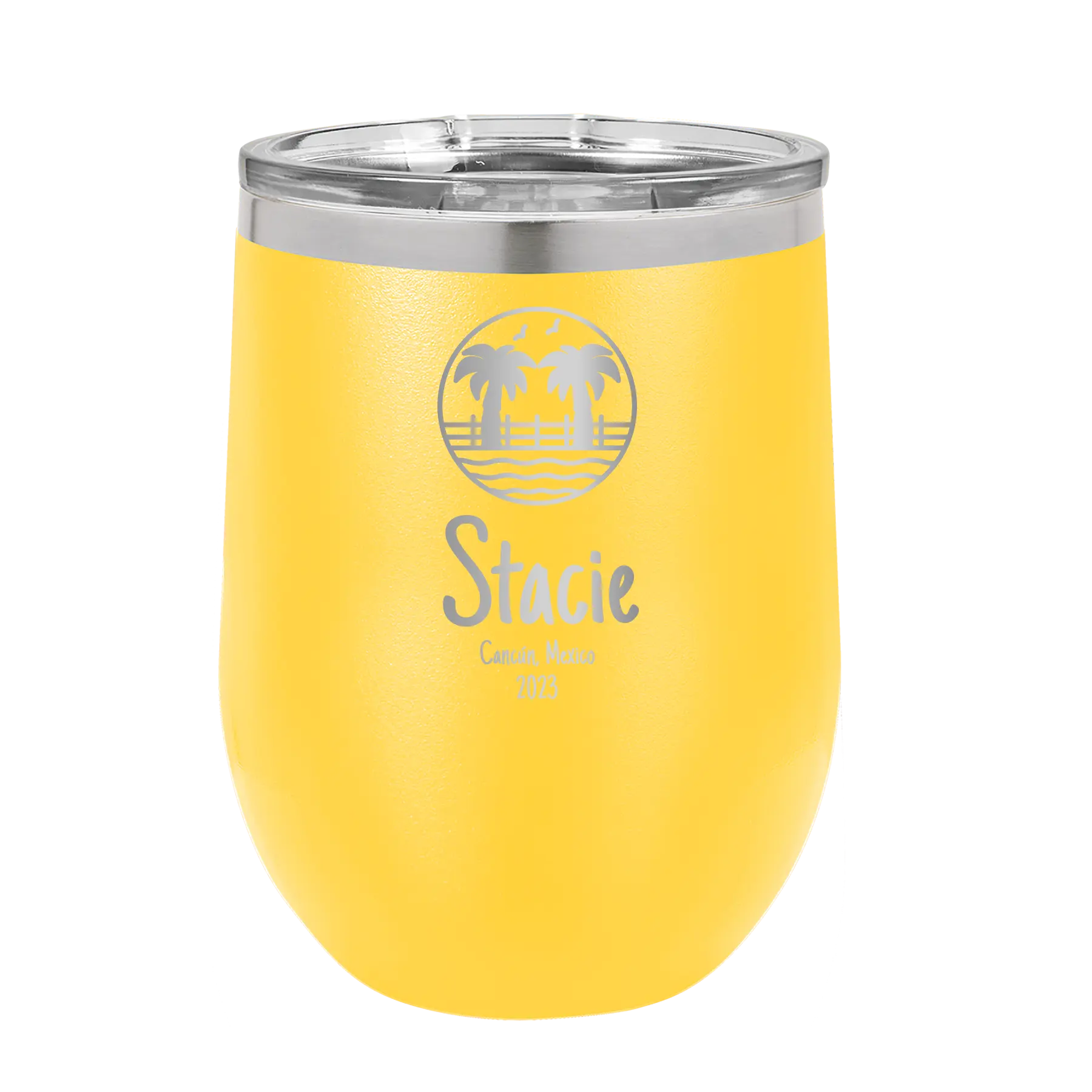 Personalized yellow 12 oz vacuum insulated wine cup with 'Vacation with two Palm Trees' design