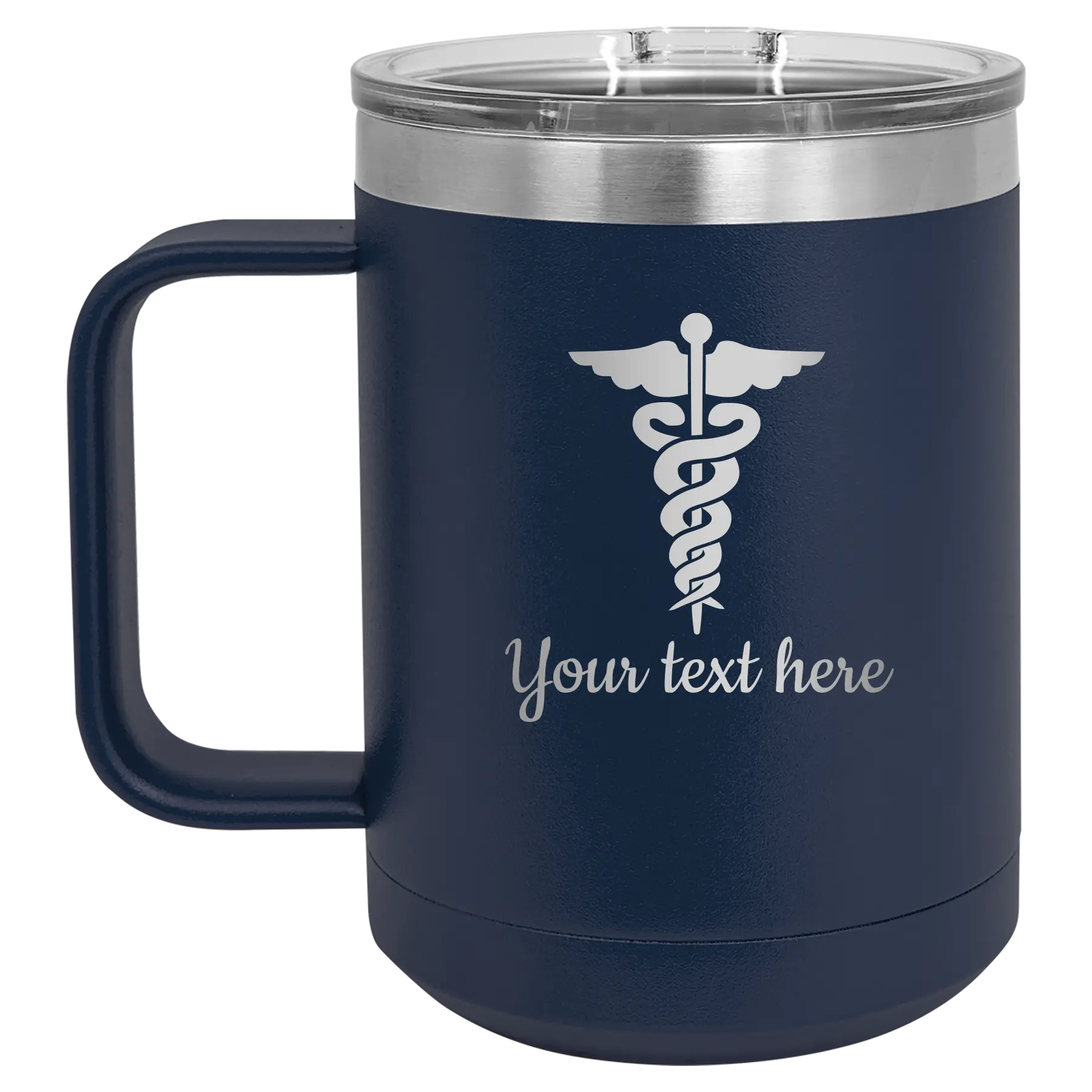 Personalized navy 15 oz vacuum insulated coffee mug with 'Medical' design