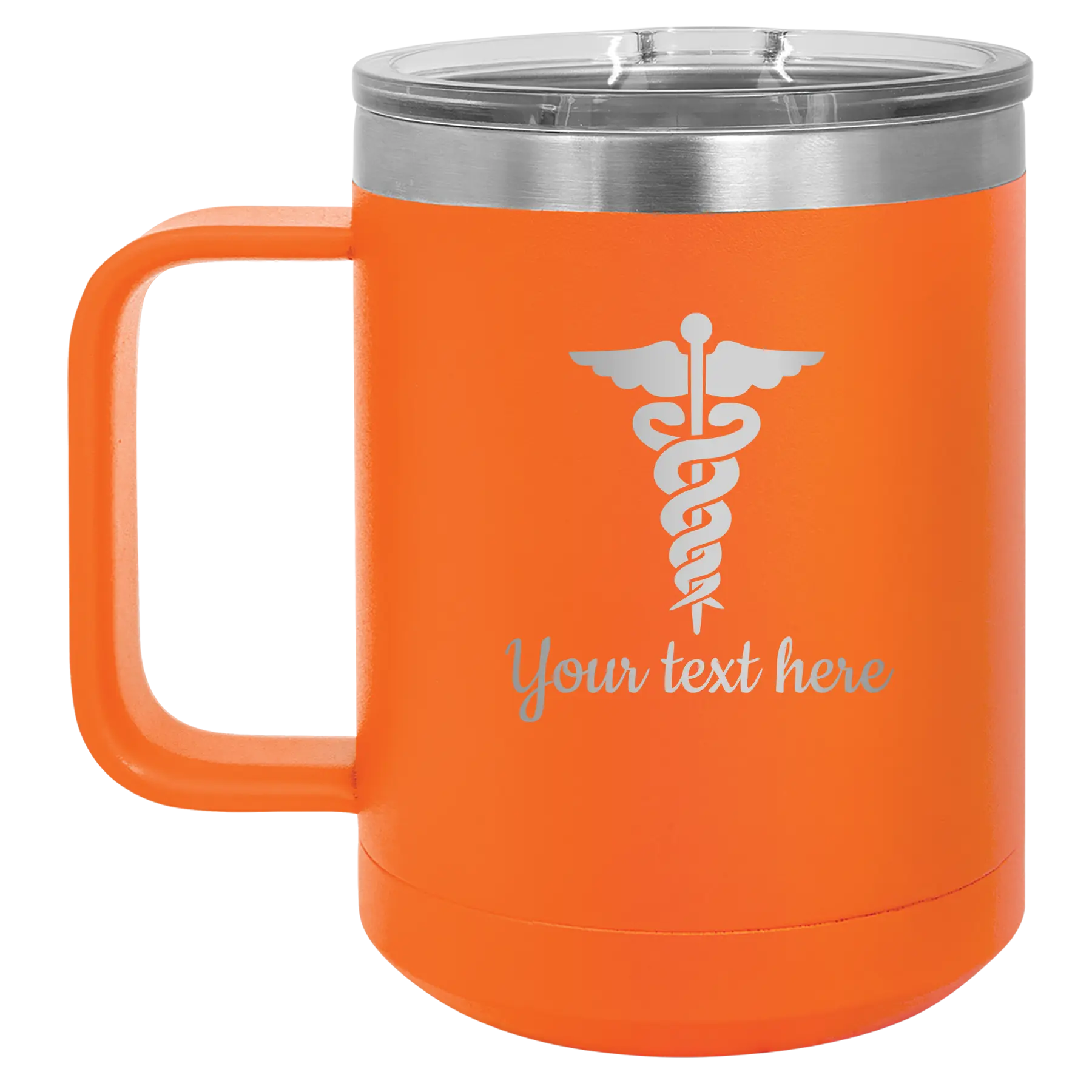 Personalized orange 15 oz vacuum insulated coffee mug with 'Medical' design