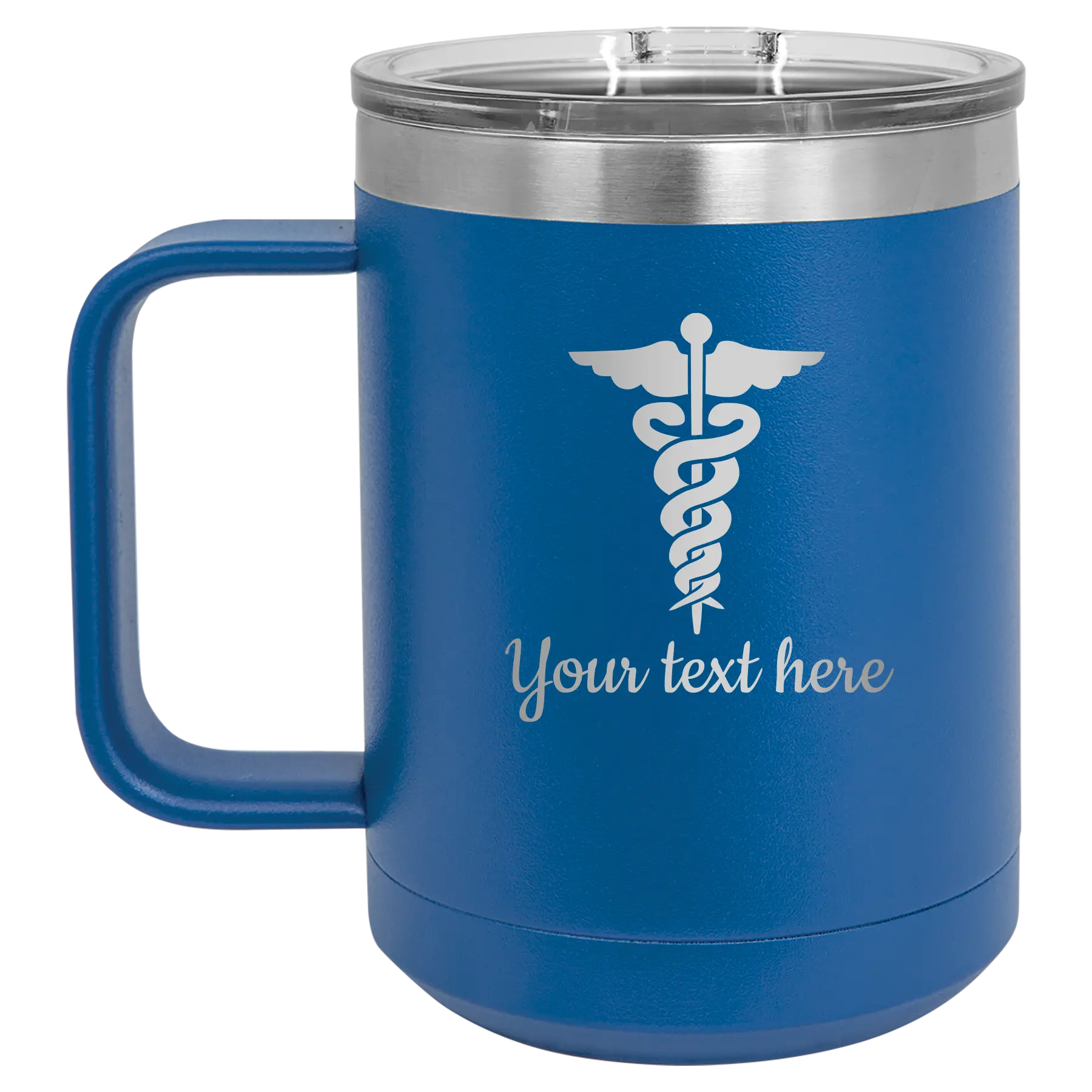 Personalized royal blue 15 oz vacuum insulated coffee mug with 'Medical' design