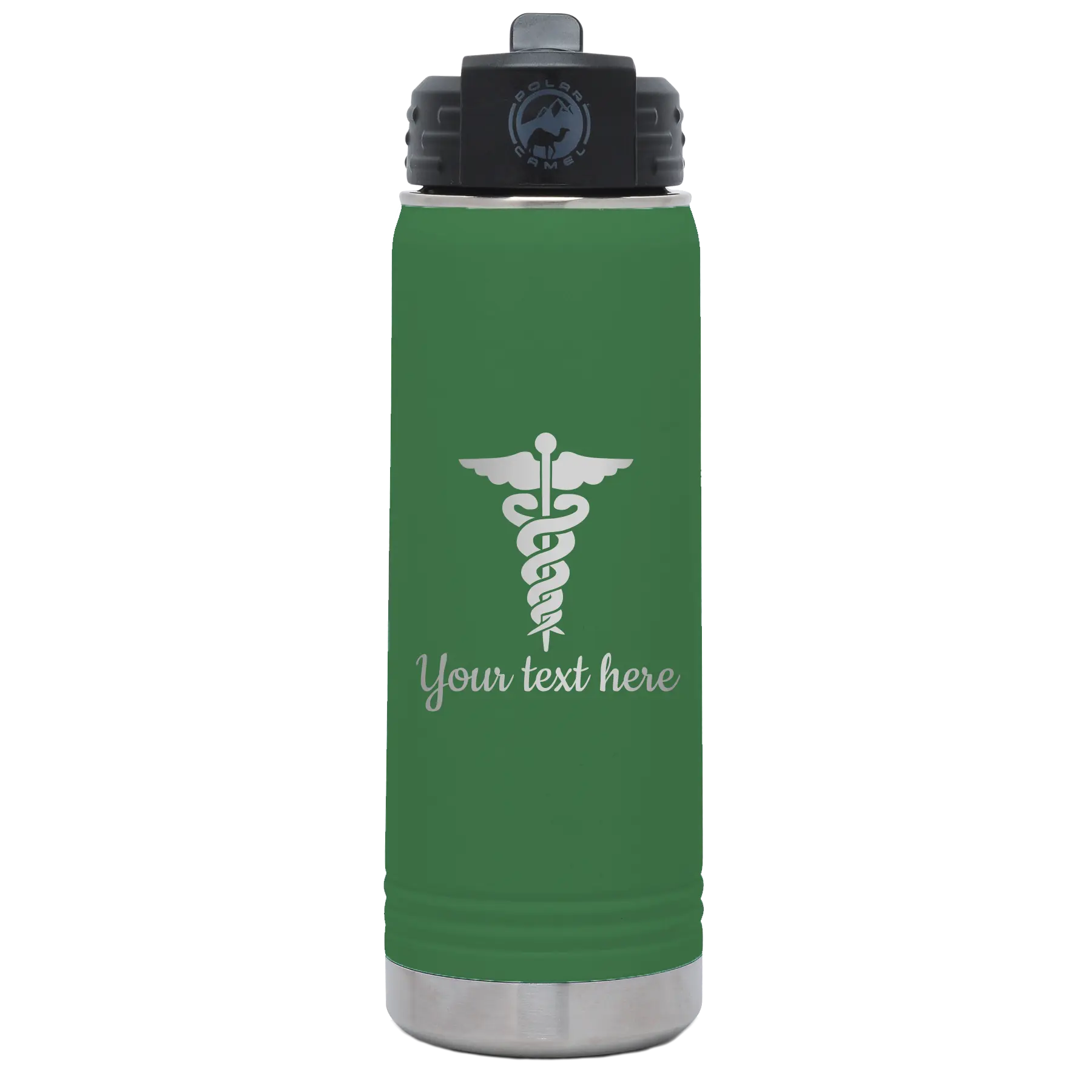 Personalized green 20 oz vacuum insulated water bottle with 'Medical' design