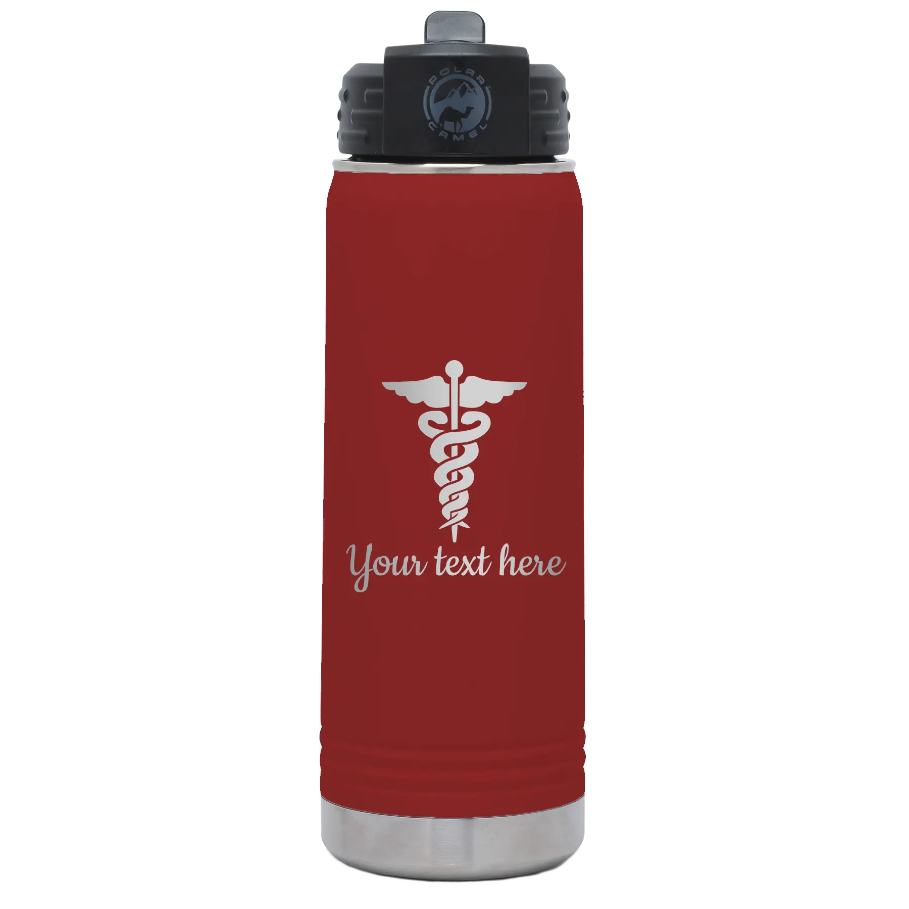 Personalized maroon 20 oz vacuum insulated water bottle with 'Medical' design
