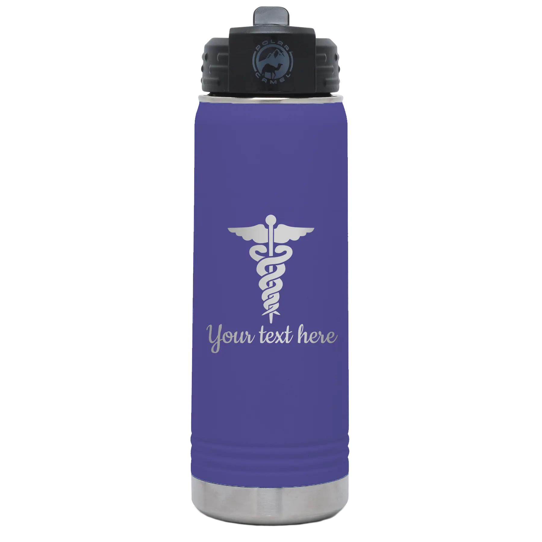Personalized purple 20 oz vacuum insulated water bottle with 'Medical' design