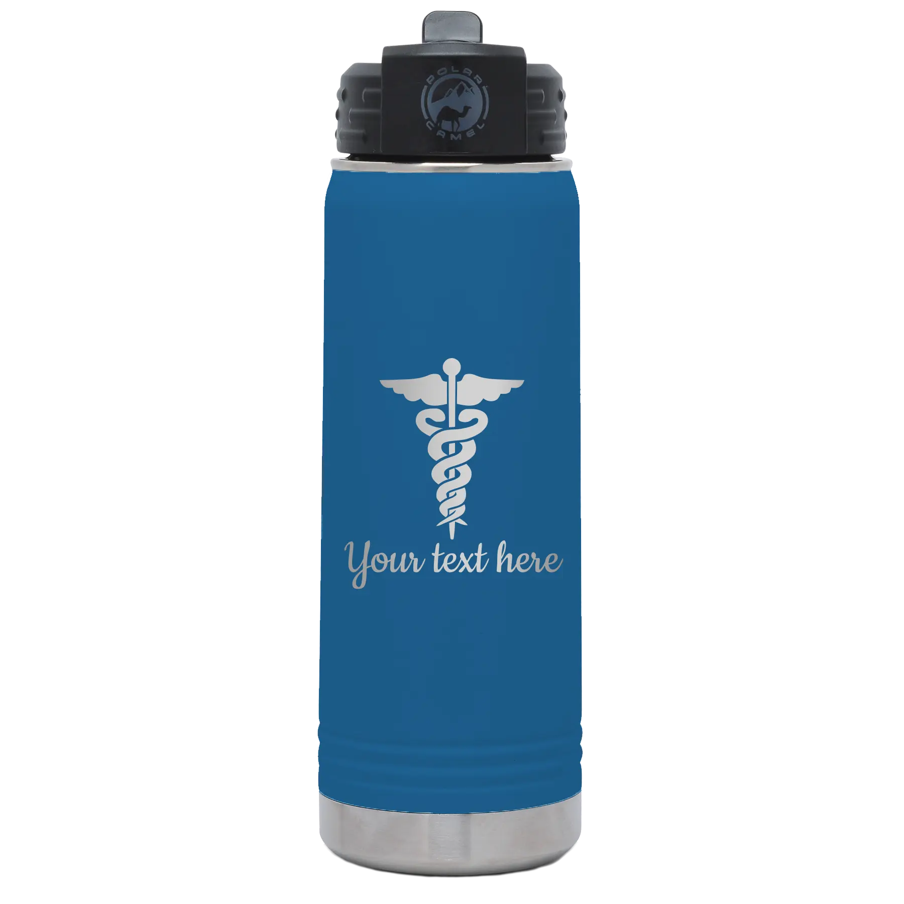 Personalized royal blue 20 oz vacuum insulated water bottle with 'Medical' design