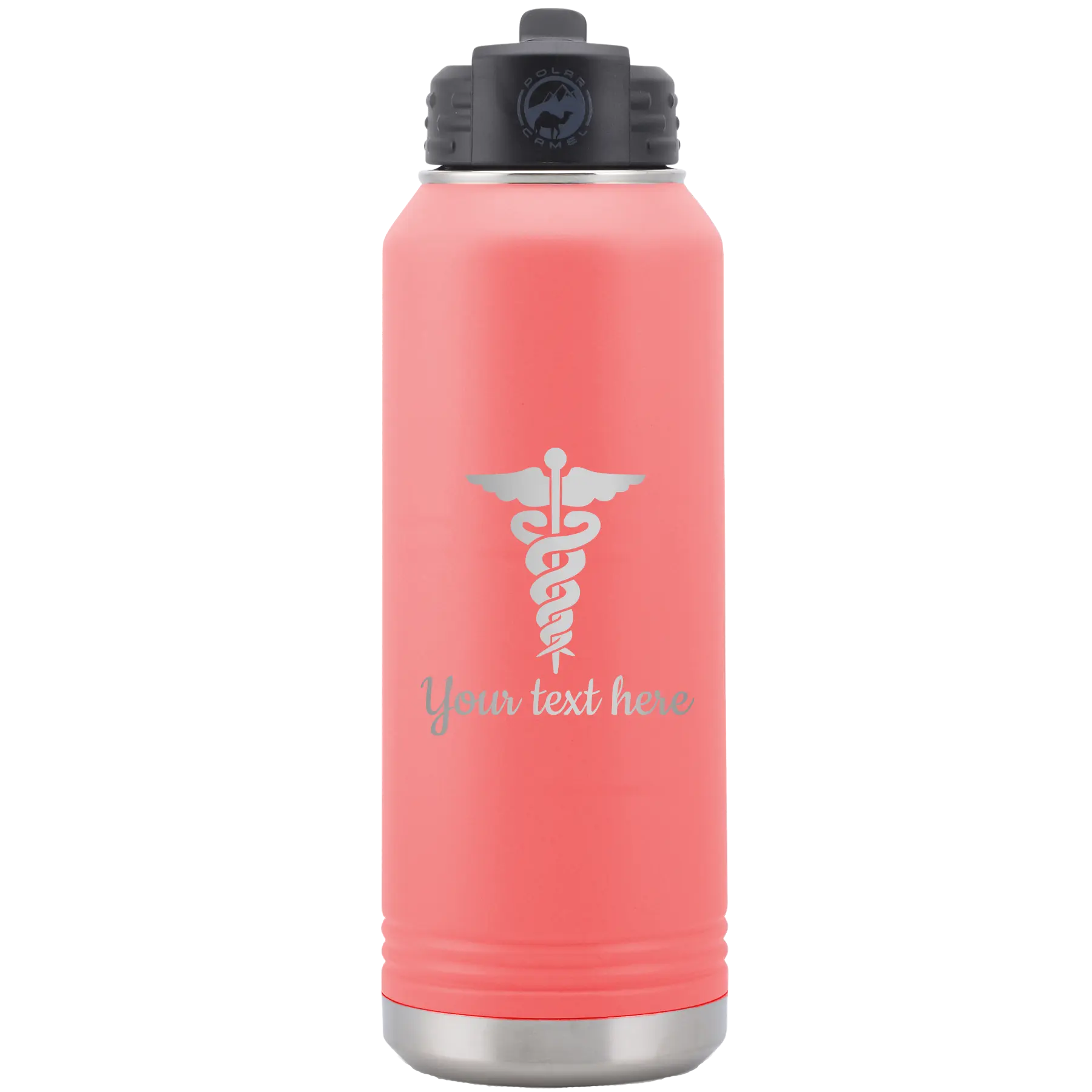 Personalized coral 32 oz vacuum insulated water bottle with 'Medical' design