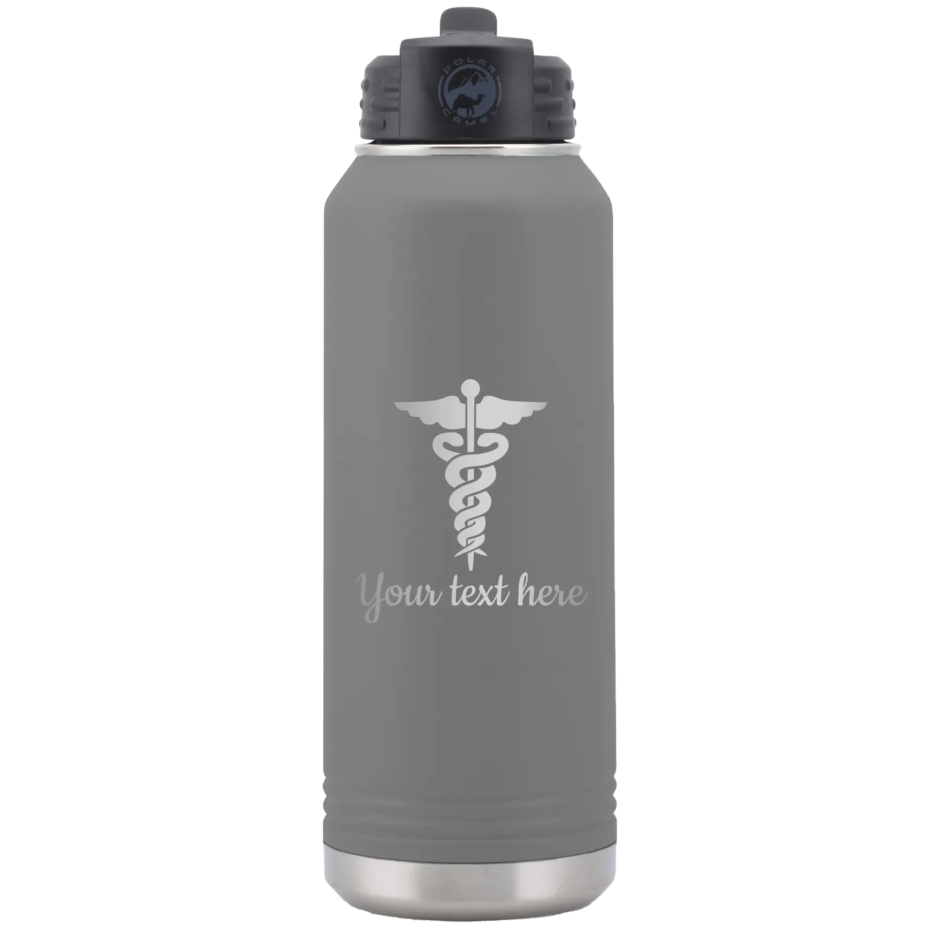 Personalized dark gray 32 oz vacuum insulated water bottle with 'Medical' design