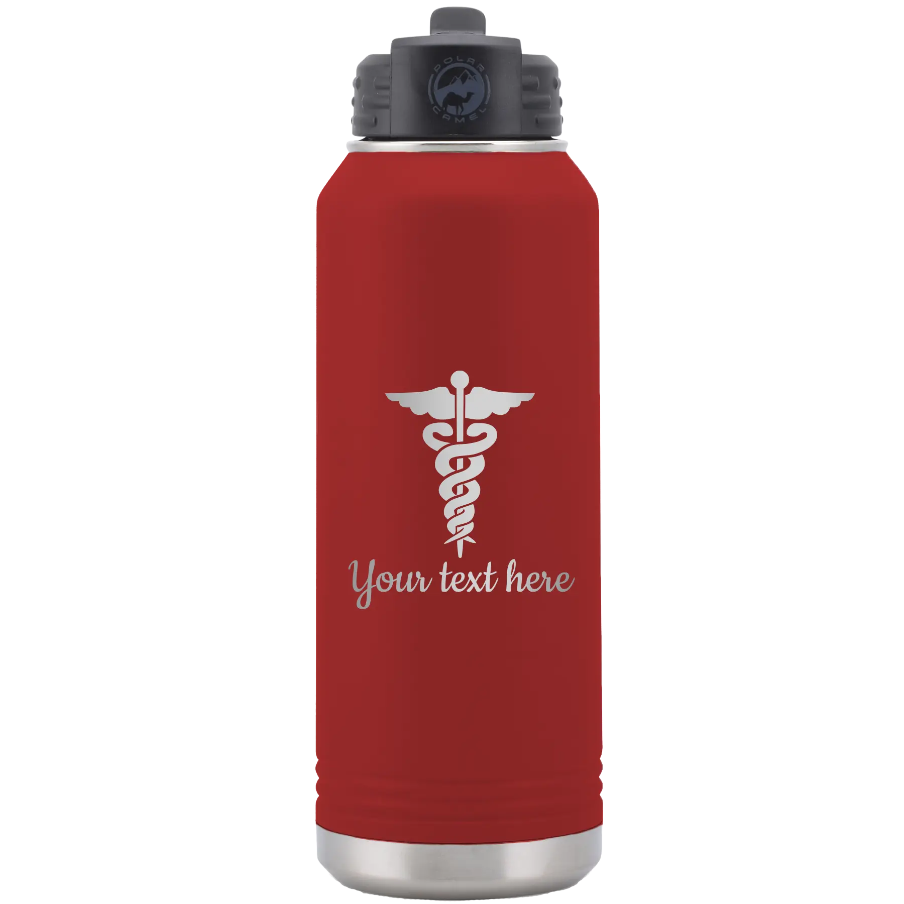 Personalized maroon 32 oz vacuum insulated water bottle with 'Medical' design