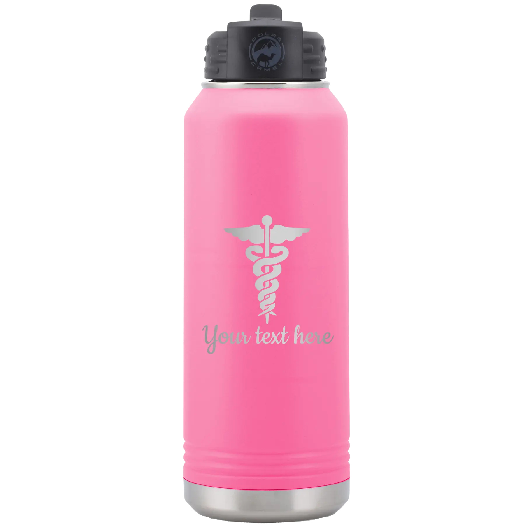 Personalized pink 32 oz vacuum insulated water bottle with 'Medical' design