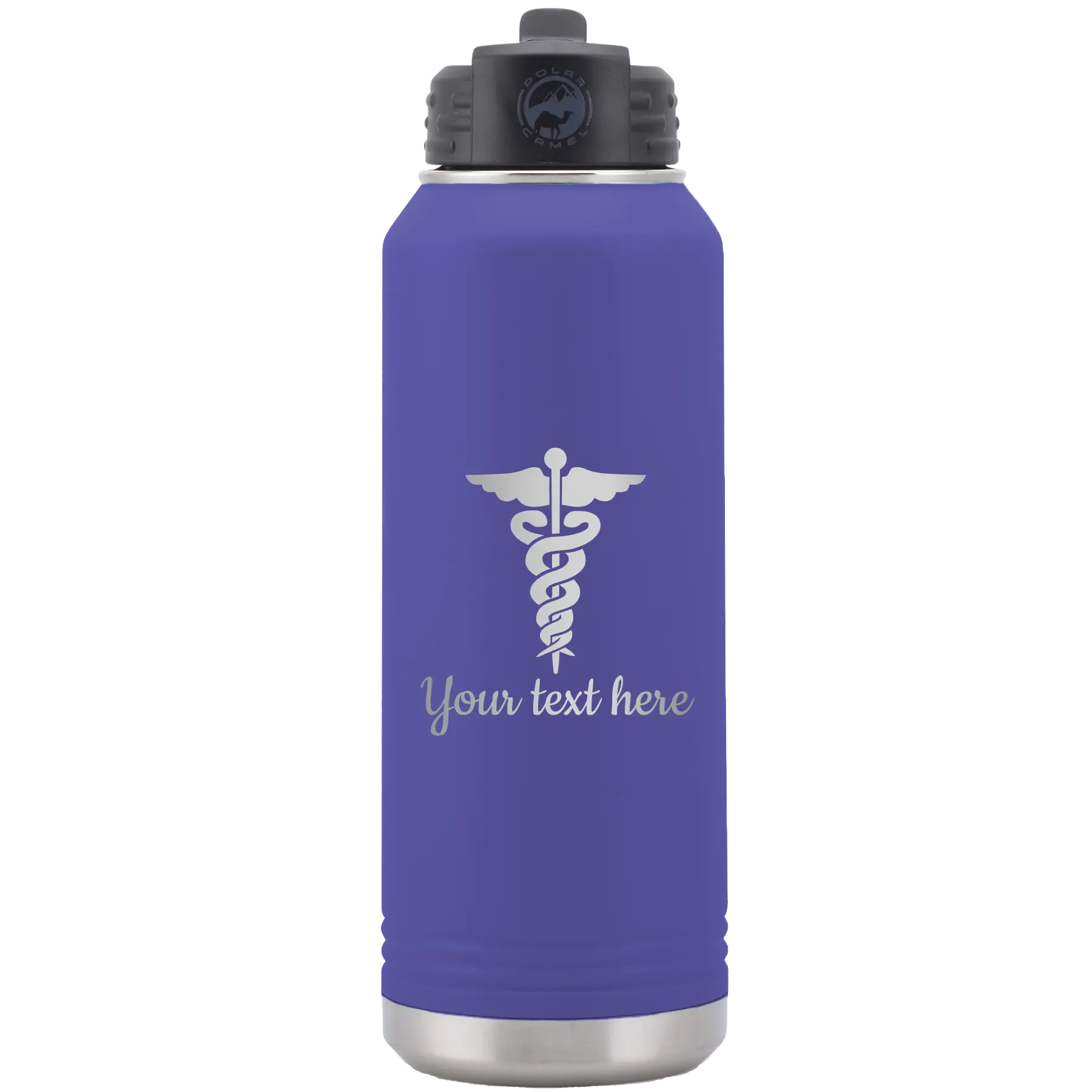 Personalized purple 32 oz vacuum insulated water bottle with 'Medical' design