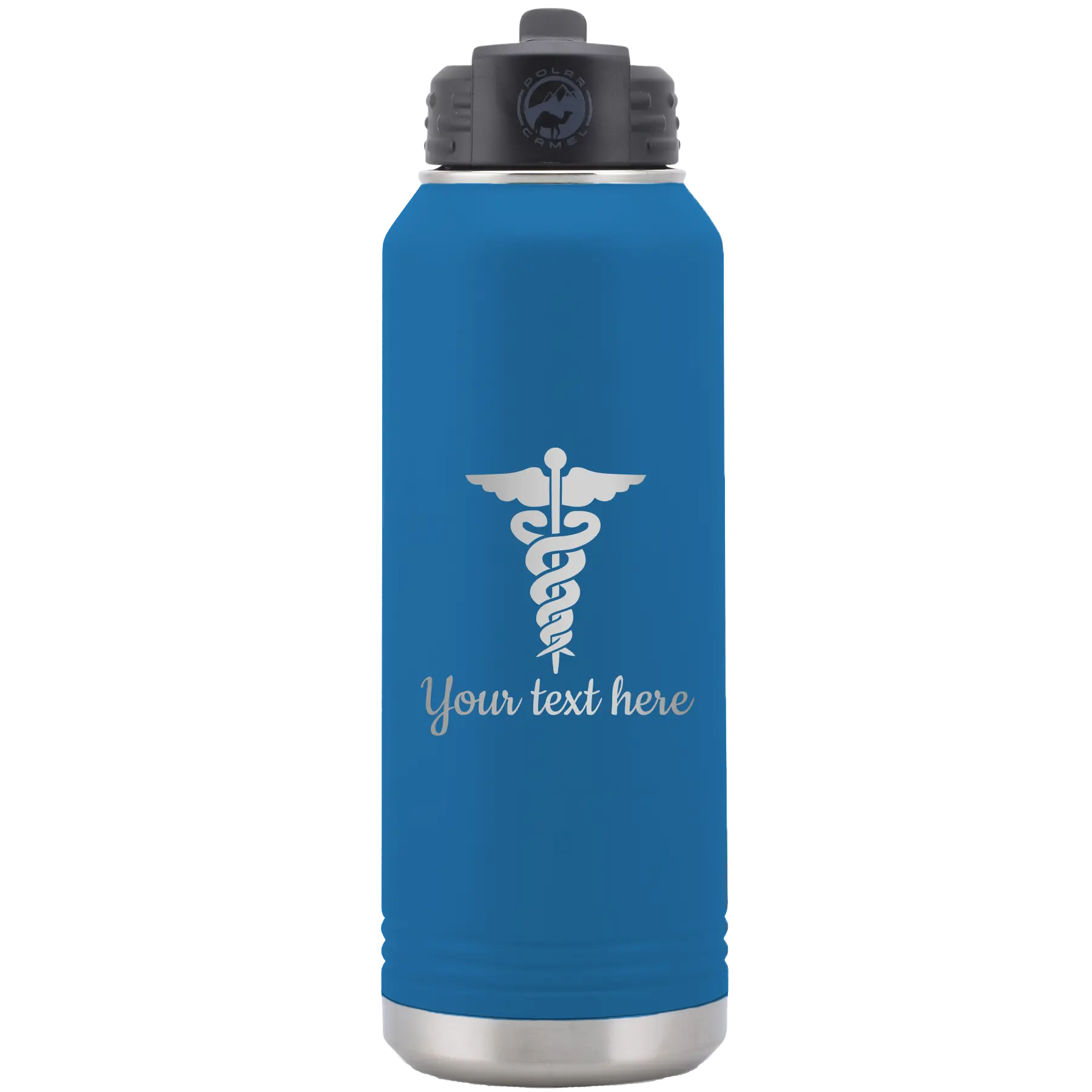Personalized royal blue 32 oz vacuum insulated water bottle with 'Medical' design