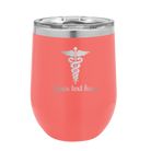 Personalized coral 12 oz vacuum insulated wine cup with 'Medical' design