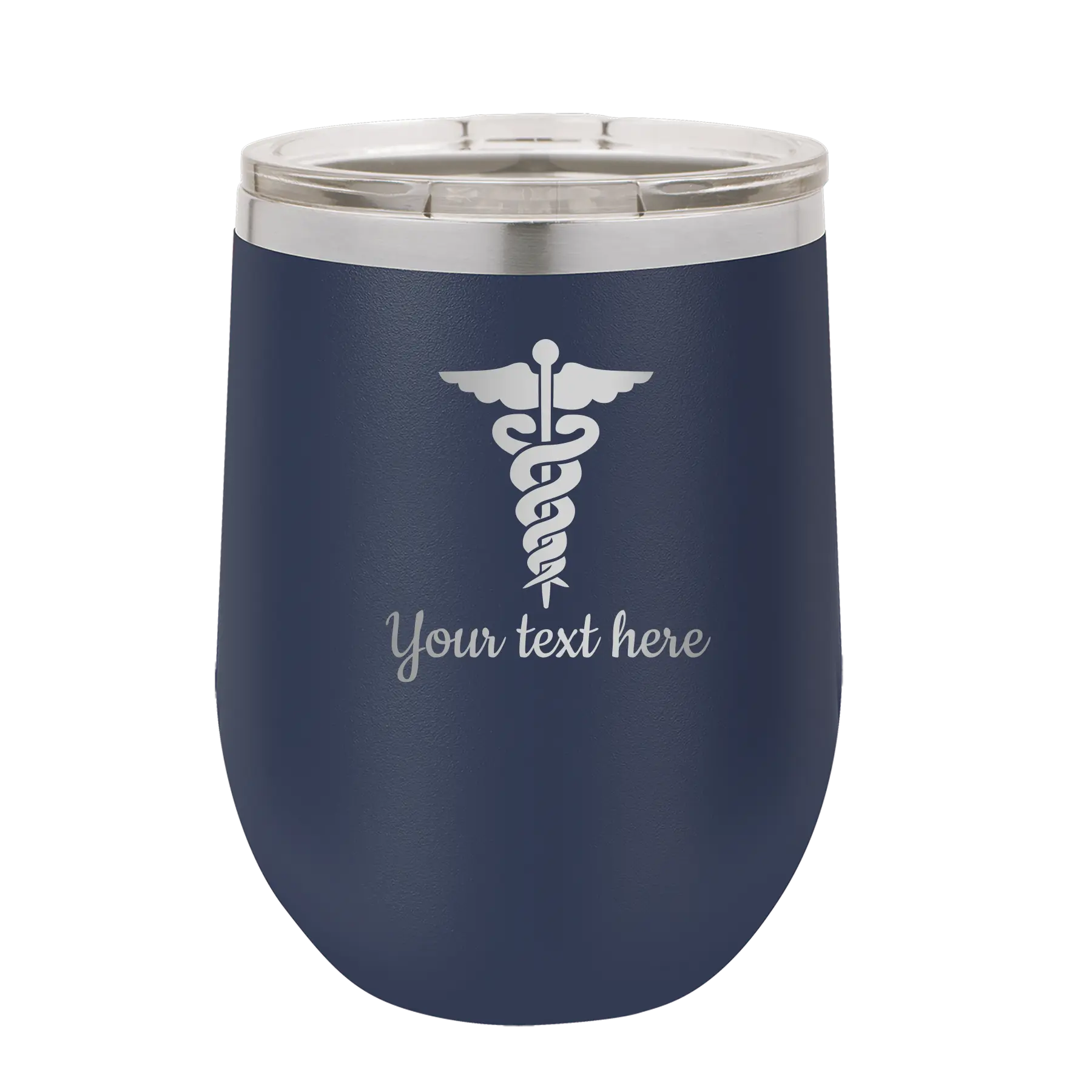 Personalized navy 12 oz vacuum insulated wine cup with 'Medical' design