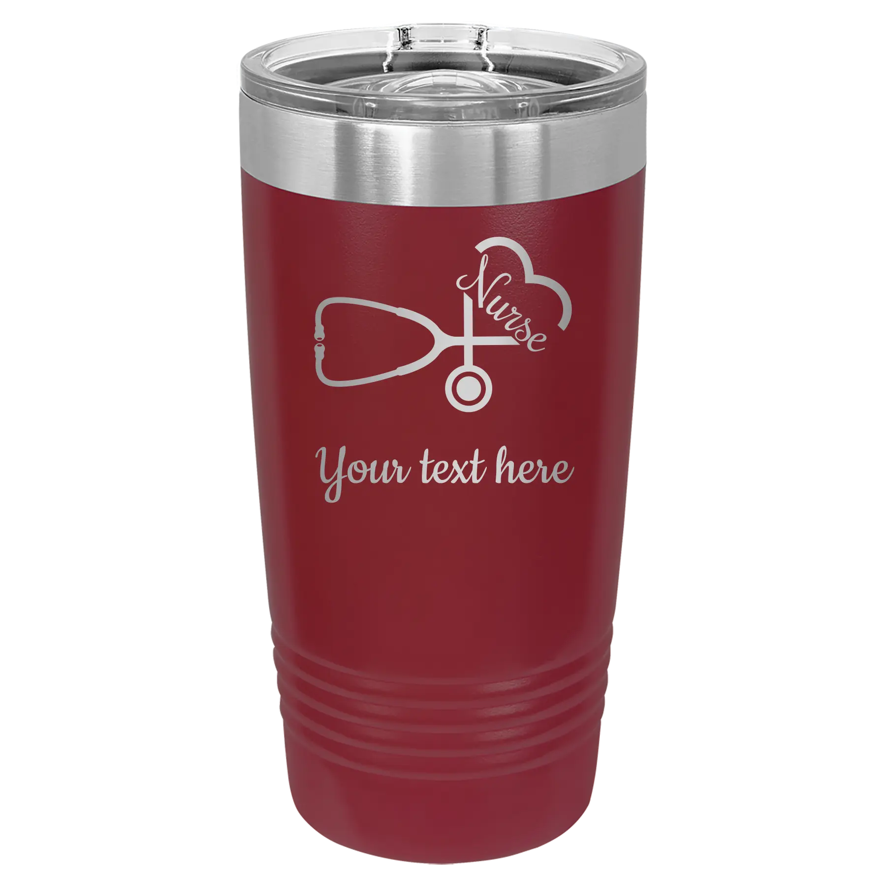 Personalized maroon 20 oz vacuum insulated tumbler with 'Nurse' design