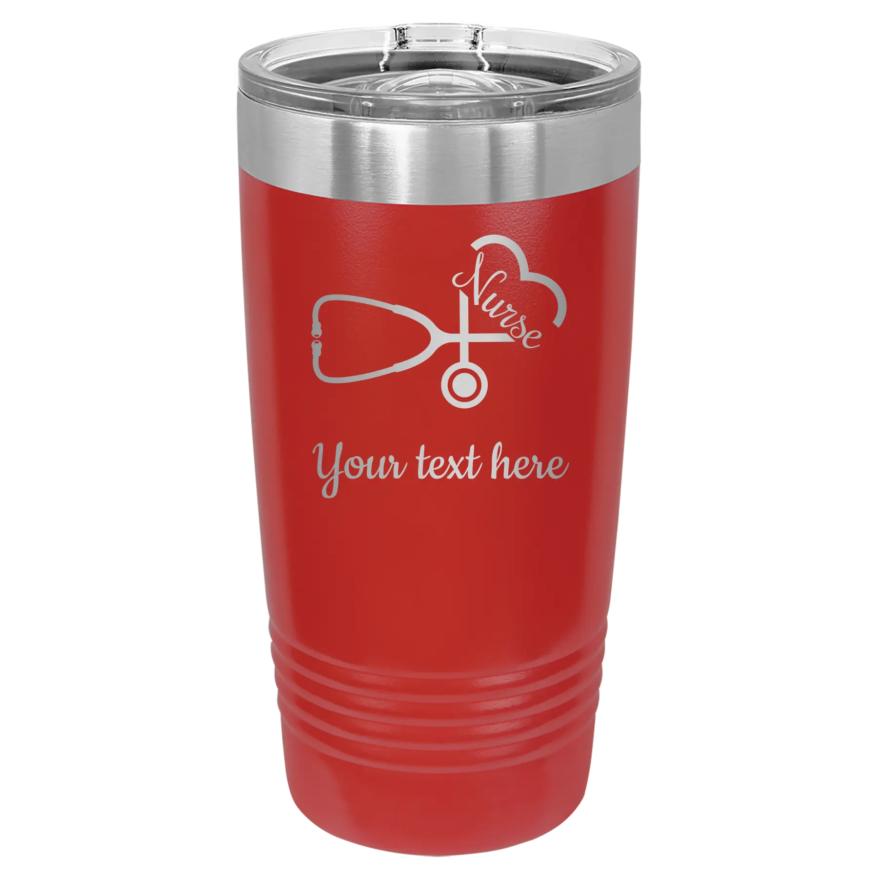 Personalized red 20 oz vacuum insulated tumbler with 'Nurse' design