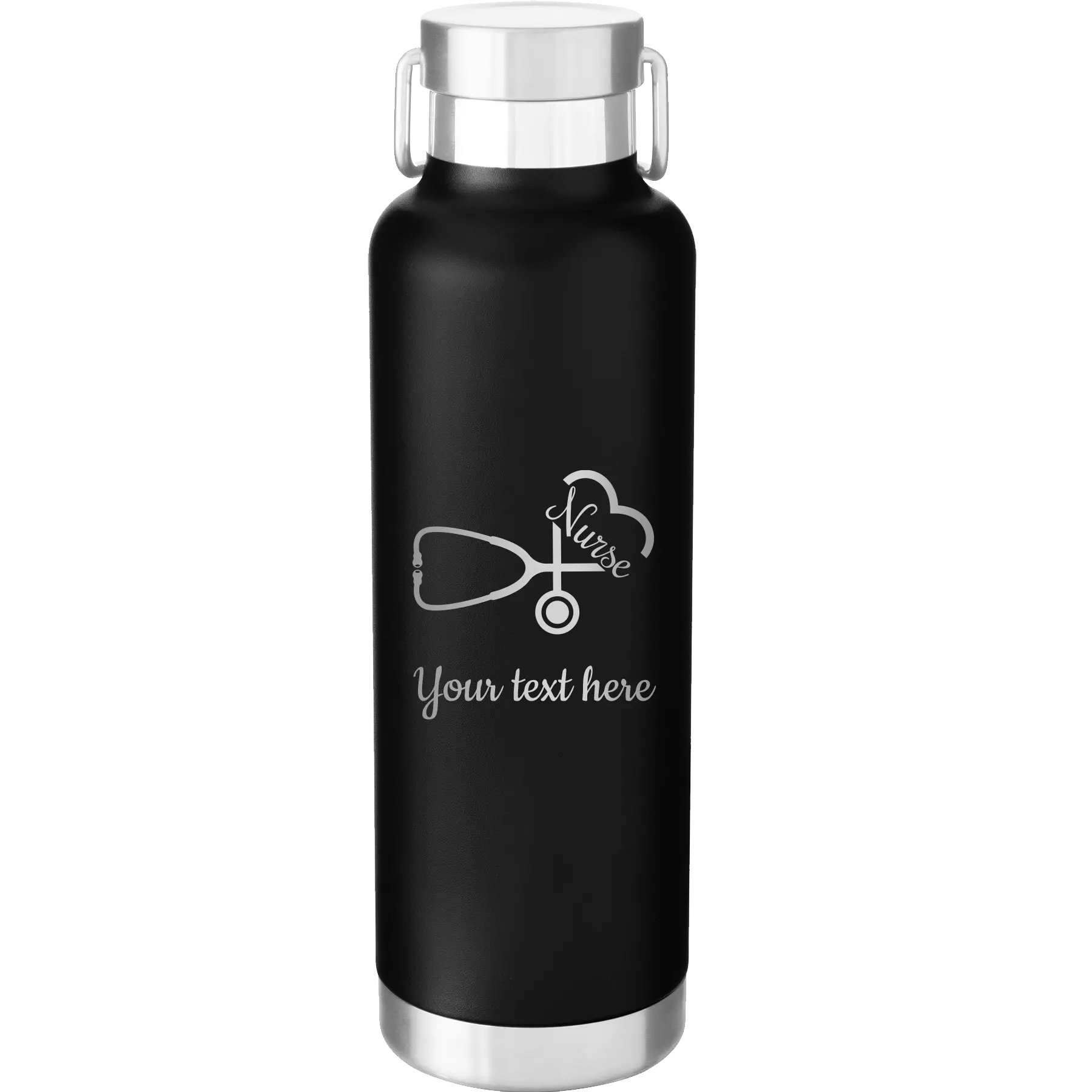 Personalized black 24 oz vacuum insulated water bottle with 'Nurse' design